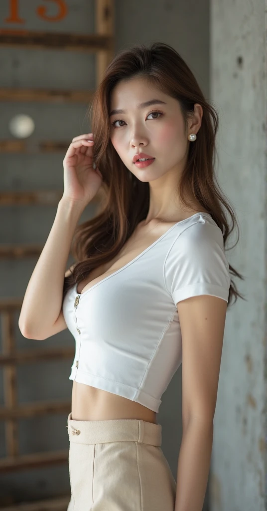 (In 8K, highest quality, masterpiece:1.2), (Realistic, Photorealistic:1.37), Ultra-detailed, Natural light, Medium chest, I can see her cleavage, 1 person, 25-year-old woman, pendant, Torn shorts, Light knit V-neck shirt, At the performance, Highly detailed face and skin, Detailed eyes, Highly detailed face and skin