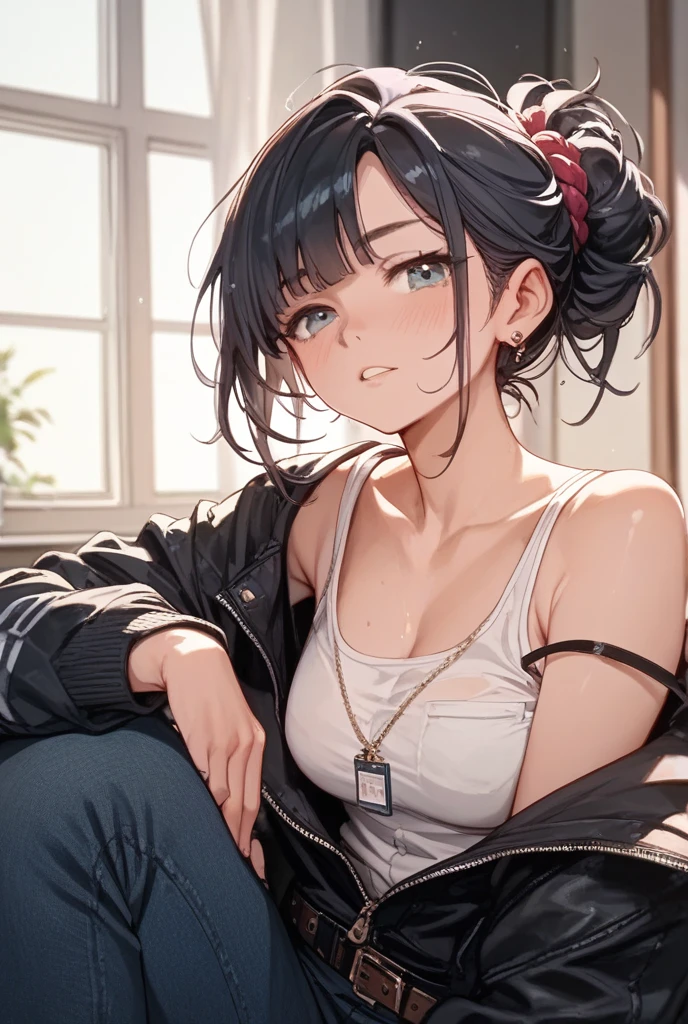ollarbone,pink t-shirt,off-shoulder look,bare shoulder,midriff peek,micro shorts,open mouth,tongue out,cum on tongue,Black sofa,sit,looking ahead,from above,flont view,upper body,(1girl,Beautiful 14 year old girl),((Slender,Small breasts,Small face,)),looking at viewer,Black Hair,bangs,one side up,Beautiful and detailed,Mischievous smile,Hotel Rooms,
