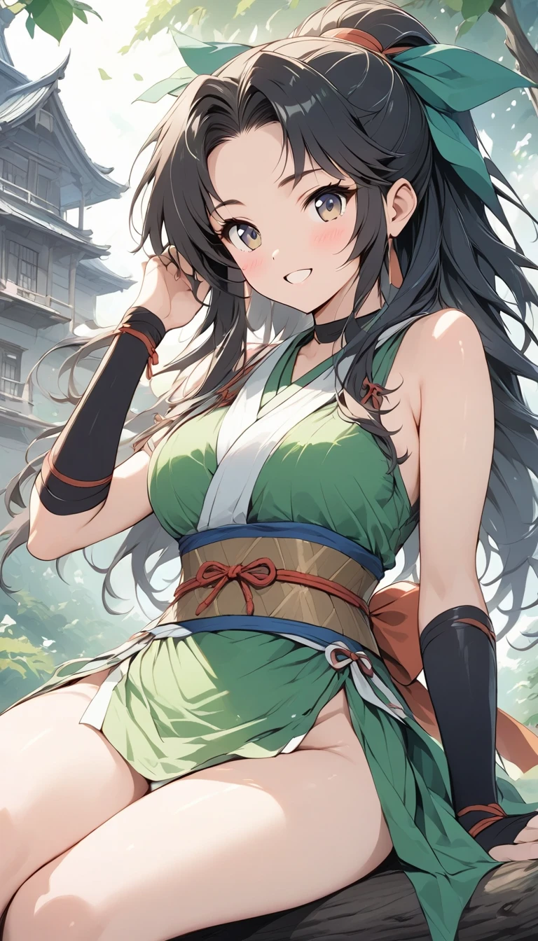 (Masterpiece, High Quality, Top quality, High-Detailed, Detailed CG, Cinematic Shadow, Cinematic Scene, Beautiful Detailed Eyes, Ultra Resolution, Depth of Field), (Character: Frieren: Beyond Journey's End), Looking At The Audience, Looking Down, Looking At The Audience Below, (Blush Expression:1.2), (Small Expression:1.2), (SFW:1.2), Dark Green Hair, Purple Eye, Five Fingers, Good Composition, Arms, (Kimono:1.2), (Black Kimono:1.0), Thighs, Small Breasts, Hips, Blur Background, European Room, Medieval Architectures.