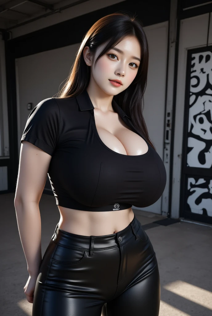 Beautiful woman、A face with glamorous eyeshadow and makeup、Plump body、Big Tits、Earrings、Are standing、Open-front short-sleeve shirt、Black vinyl micro kirt rolled up、Summer countryside、Shiny skin、Very wet body、From the thigh up