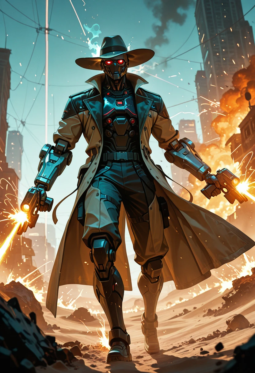 Dark_Fantasy,Cyberpunk, (Best quality, Masterpiece),old machine,1man,Mechanical marvel,Robotic presence,Cybernetic guardian,wearing a cybernetic cowboy trenchcoat, wearing a mechanical cowboy hat,facing forward, dynamic lighting, dynamic camera angle,city, highest quality digital art, Stunning art, wallpaper 4k, highly detailed,full body,holding a revolver