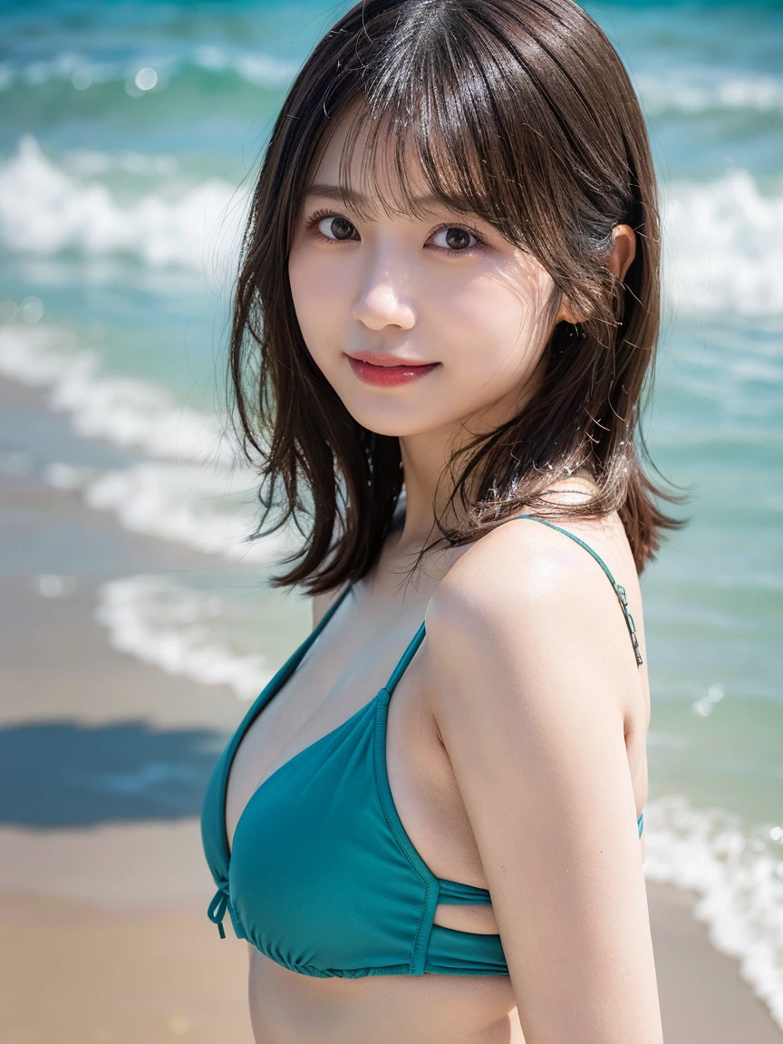 of the best quality、A masterpice、UltraHighResolution、(photorealestic:1.4)、Raw photo、1 woman、Brown dark hair、Yacht harbor、Dramatic Writing、Whole human body、female dog、Cotton Green Micro Bikini、Medium breasts,