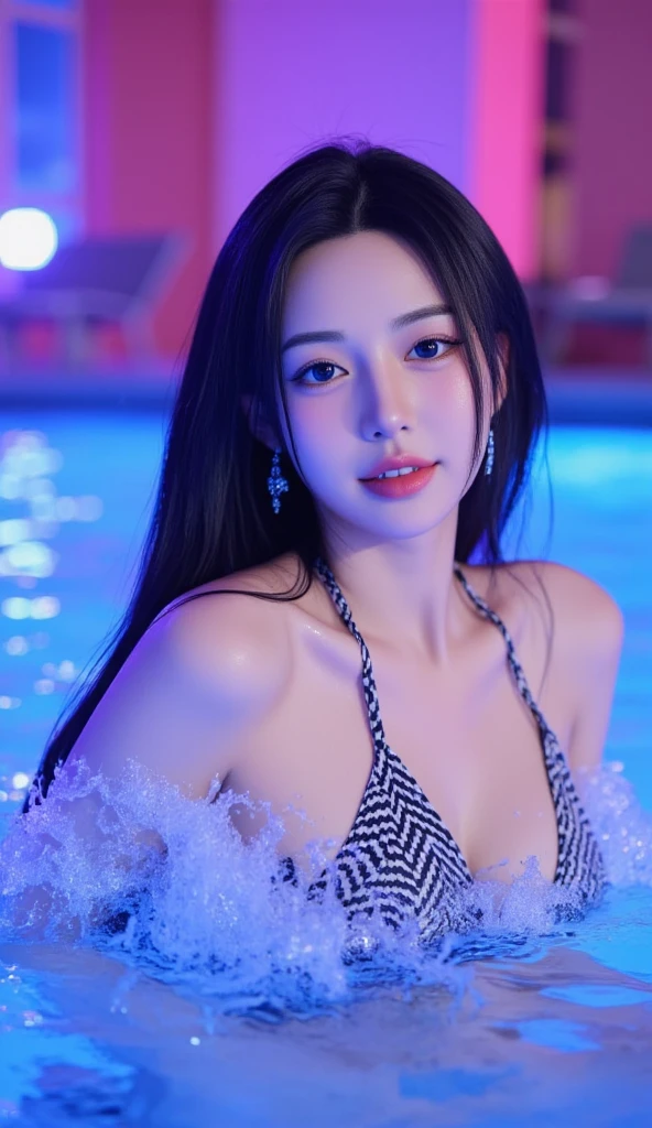 (a beautiful 20 year old woman with long black hair, playing in a rooftop night pool, great figure, J-cup breasts),(realistic,photorealistic,photo-realistic:1.37),(best quality,4k,8k,highres,masterpiece:1.2),ultra-detailed,dramatic lighting,moody lighting,dramatic shadows,cinematic lighting,warm color palette,highly detailed skin,beautiful detailed eyes,beautiful detailed lips,extremely detailed eyes and face,long eyelashes,elegant pose,graceful movement,swimming pool at night,reflective water,city skyline in background,steam rising from water,moonlit night,atmospheric,cinematic