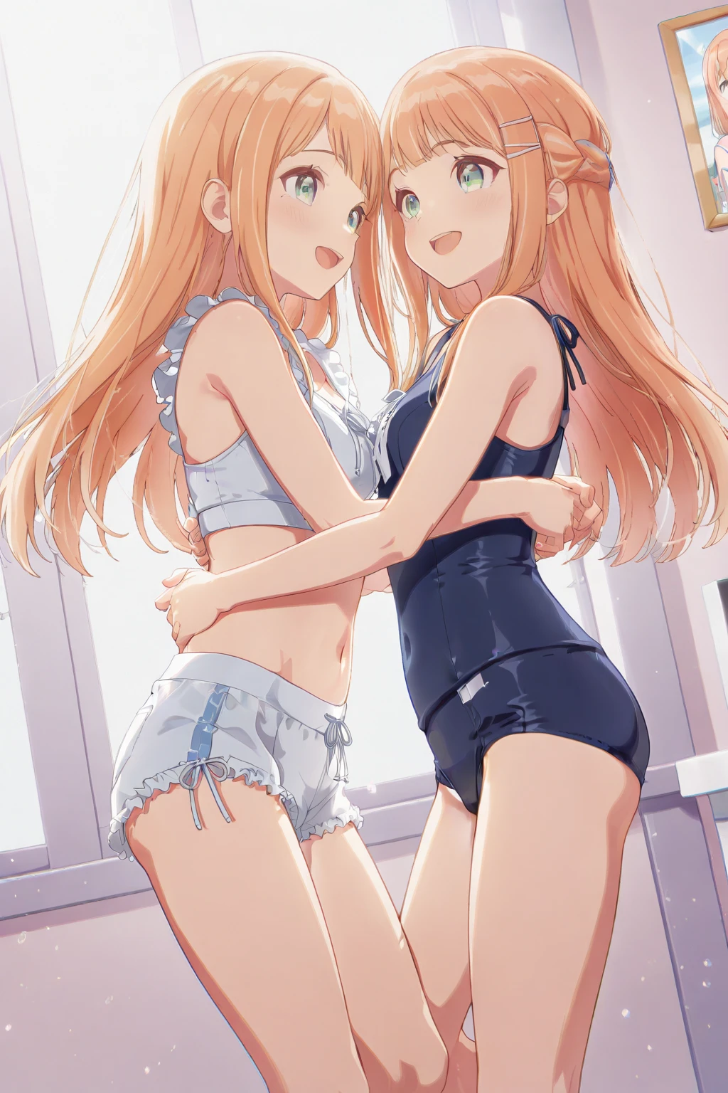 Two girls, breasts, each wearing school swimsuit, same school swimsuit, on bed, kissing, passionate kissing, velochu, kissing scene, detailed body, best quality