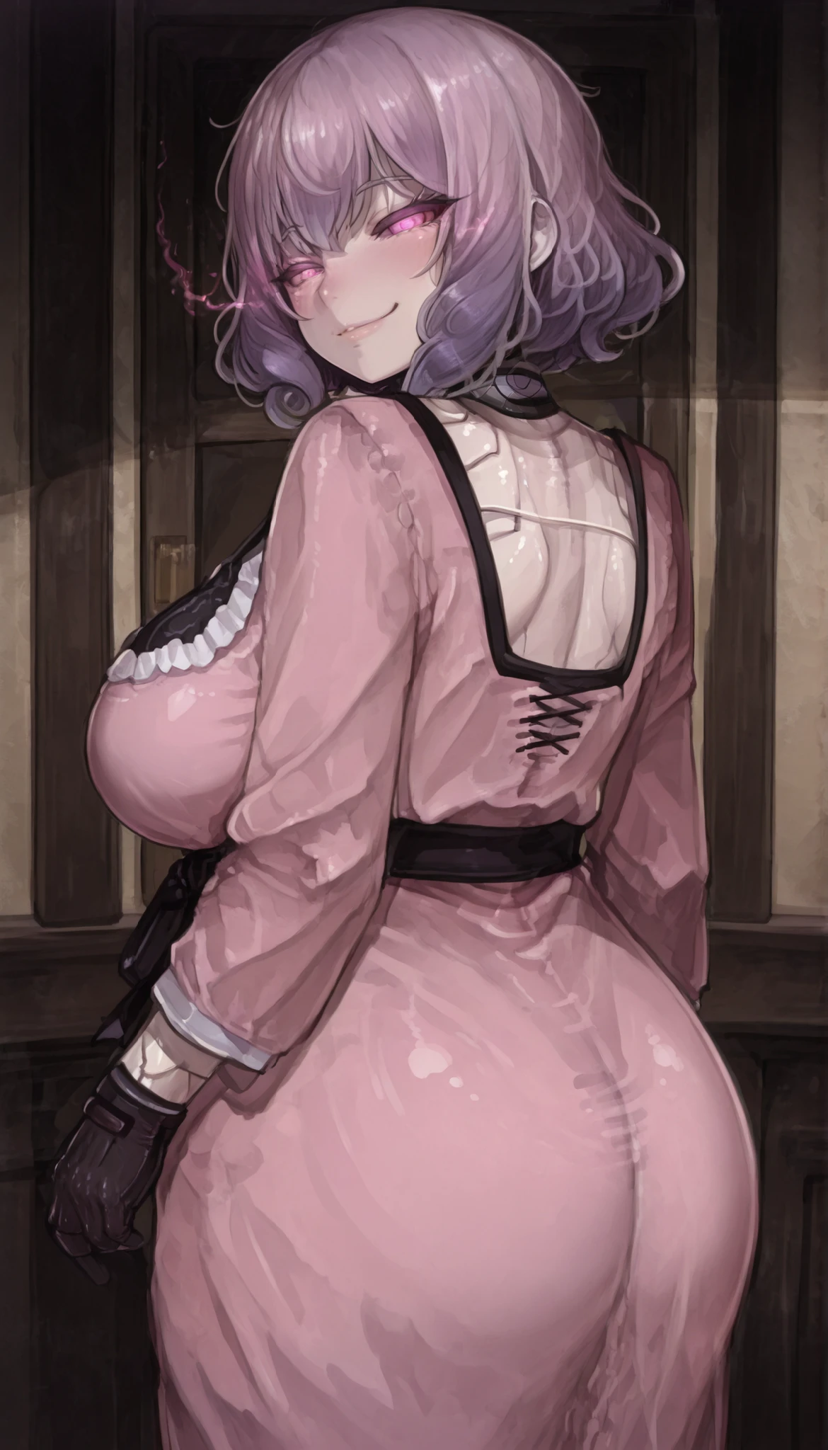 highres , absurdres , masterpiece , best quality, (anime screencap:0 . 5), 1girl{android, milf, short height, softly plump, chubby, large breasts, soft features, smooth porcelain skin, glowing eyes, pastel pink eyes, short curly hair, light lavender fiber strands, old-fashioned house dress, spotless, padded gloves, visible joints) flat anime style, detailed skin, expressive eyes, warm smile, back turned to viewer,