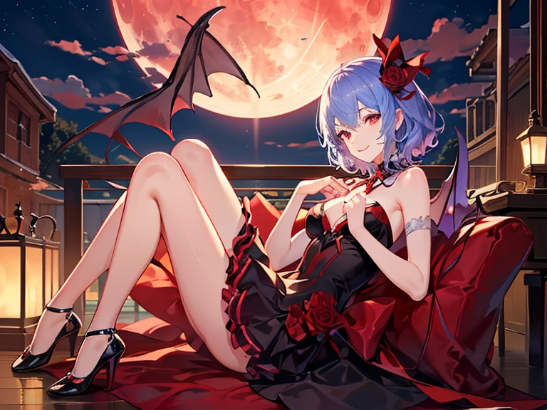 ((1 person Vampire girl)), (((1 person))), ((Red eyes)), cute, Very cute face, Black mini skirt dress with red accents, Cute dress with frills, Lingerie with lace, ((Demon wings on his back)), Configuration from below, Silver Hair, Long twin tails, ((blush)), Hyper Detail Eyes, (((Dynamic and seductive poses))), ((Holding a giant death scythe in his hand)), (Flying in the night sky), (((Body floating in the air))), (Moonlit Night, Purple glowing magic circle)), (Very detailed, Highest quality, 8k, 16K, 32K), Beautiful illustrations, Hyper Detail Skin, Dynamic and captivating composition,