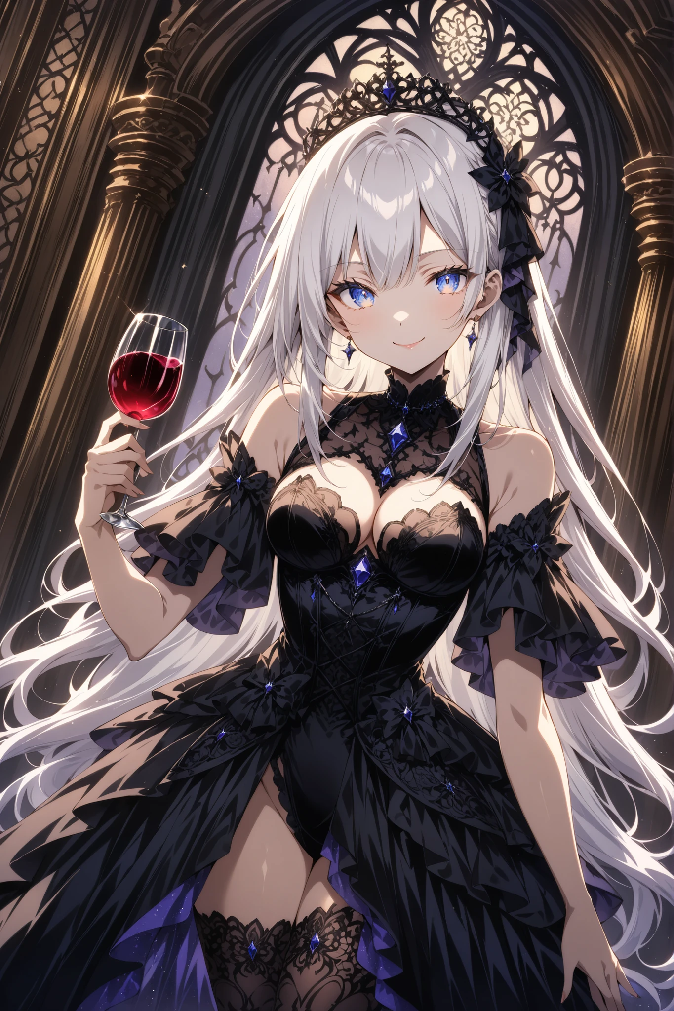masterpiece, anime artwork, score_9_up, score_8_up, flat anime style, 1girl, 20 years old, delicate Japanese facial features, high cheekbones with subtle definition, small refined nose, naturally arched eyebrows, large expressive midnight blue eyes with intricate kaleidoscopic iris patterns, detailed pupils with mysterious reflections, sparkling highlights creating enchanting depth, sultry smile with mysterious allure, long natural eyelashes BREAK (white hair:1.3), silky smooth straight long hair with individual strand definition, ethereal styling with moonlight glow, detailed hair texture with silvery shine, flowing movement like liquid mercury BREAK porcelain-smooth skin with subtle translucency, natural healthy glow with pale luminescence, realistic skin texture, enigmatic smile with pale lips BREAK elegant vampire-inspired gown with gothic details, detailed lace with intricate patterns, corset bodice revealing generous cleavage, flowing skirt with dramatic layers, ornate accessories with dark gemstones, black translucent stockings with gothic lace design BREAK from an angle, upper body shot, regal pose with one hand holding ornate wine glass, other hand gracefully positioned, aristocratic bearing with dark elegance BREAK gothic mansion ballroom, moonlight streaming through tall windows, ornate architecture with dark wood paneling, crystal chandelier with dim lighting, antique furniture with velvet upholstery, portraits in ornate frames, atmospheric mist with mysterious ambiance, romantic gothic atmosphere with shadows and light