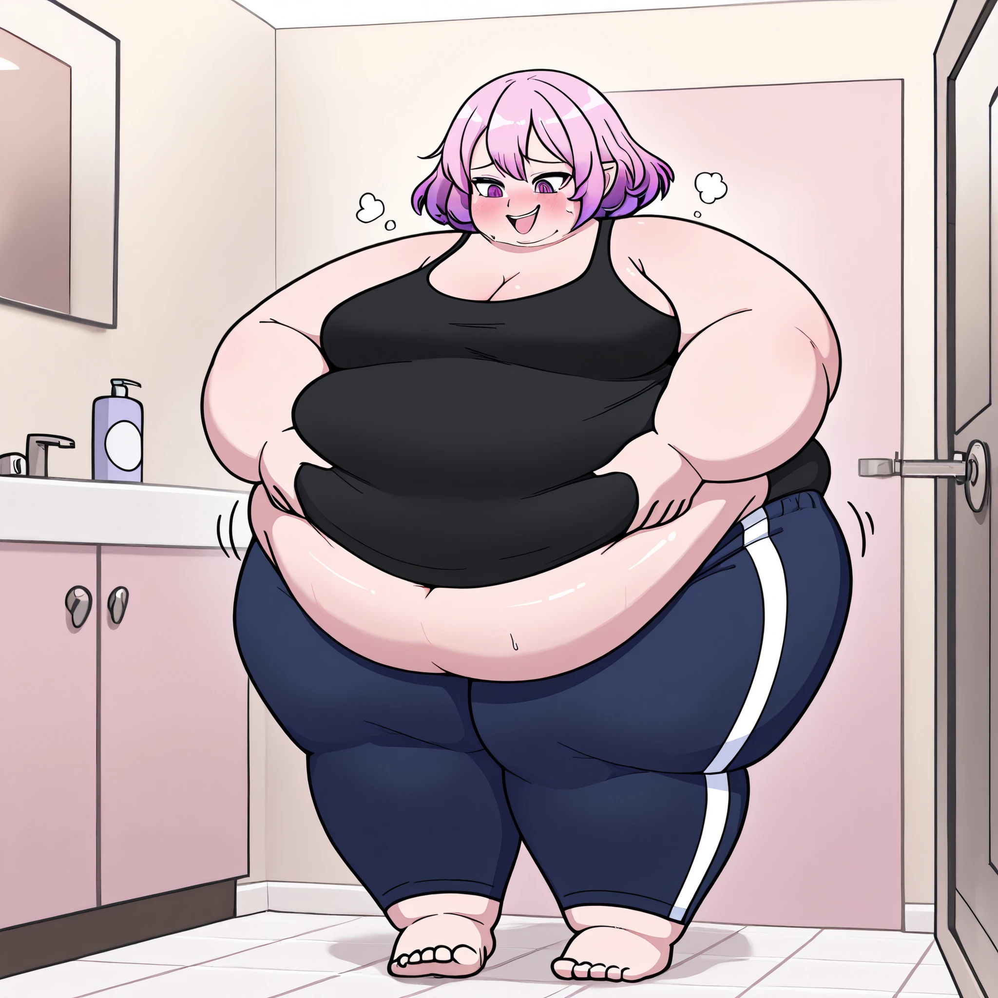 Lucid ,pink gradient hair, purple eyes , 1 girl, solo, motion line、 Anime Coloring、、Big 、mature female、 Masterpiece、 high quality、 high image quality、 pretty finger、 detailed face, tank top, black shirt, sweatpants, dark blue sweatpants, u.a. gym pants, black tank top, shy smile, , , fat, chubby, obese, gigantic arms and legs, large breasts open mouth, out of breath, embarrassed, standing, looking down, full body shot, showing feet, indoor, bathroom, scaling weight, hands on belly, rubbing belly,
