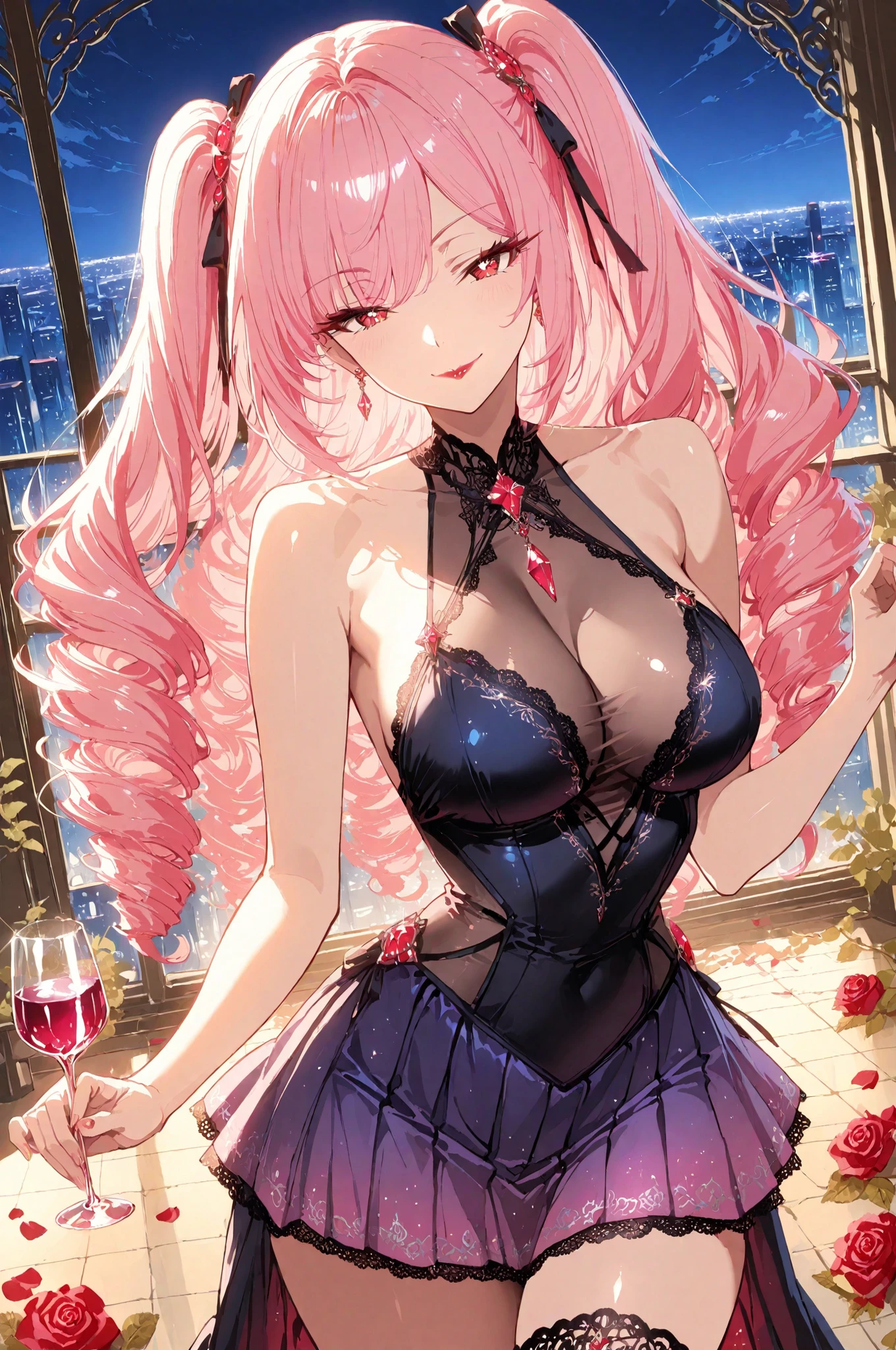 masterpiece, anime artwork, score_9_up, score_8_up, flat anime style, 1girl, 20 years old, delicate Japanese facial features, high cheekbones with subtle definition, small refined nose, naturally arched eyebrows, large expressive crimson red eyes with intricate kaleidoscopic iris patterns featuring flame-like designs, detailed pupils with hypnotic reflections, sparkling highlights creating mesmerizing depth, sultry smile with mysterious allure, long natural eyelashes BREAK (pink hair:1.3), silky smooth curly hair with individual strand definition, voluminous curls framing face elegantly, detailed hair texture with rose petal softness, glossy surface reflecting candlelight with warm highlights BREAK porcelain-smooth skin with subtle translucency, natural healthy glow enhanced by romantic lighting, realistic skin texture with perfect smoothness, seductive smile with glossy burgundy lips BREAK black silk evening gown with microscopic lace patterns, detailed beadwork with individual crystals, deep V-neckline with intricate trim revealing generous cleavage, form-fitting silhouette with subtle draping, purple mini skirt with layered chiffon, black translucent stockings with ornate rose vine patterns BREAK from an angle, upper body shot, elegant pose with one hand holding crystal wine glass, other hand adjusting ornate necklace, confident sensual bearing BREAK upscale rooftop restaurant with city skyline backdrop, soft candlelight creating dancing shadows, detailed table settings with crystal glassware, white linen with embroidered edges, fresh roses with individual petal details, twinkling city lights below, atmospheric depth with romantic ambiance, luxury dining atmosphere with intimate lighting