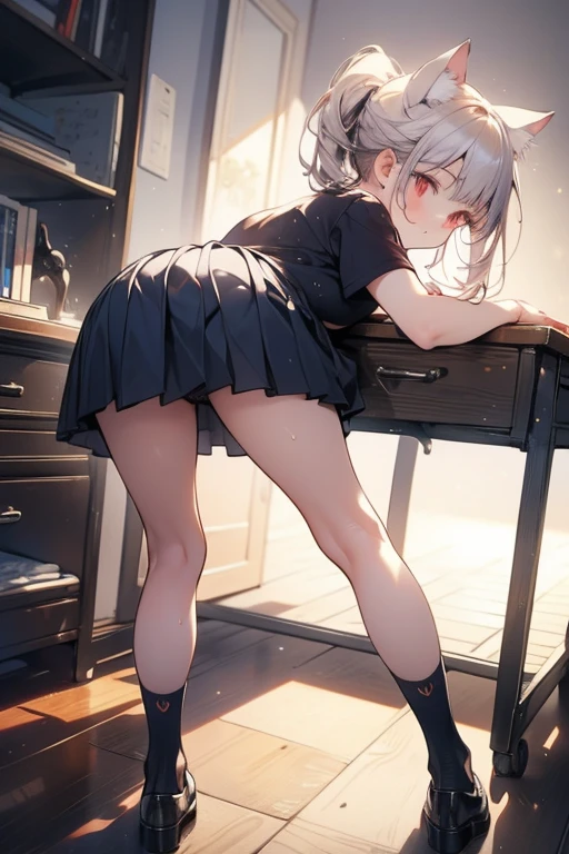 (masterpiece, best quality), 1girl, top down bottom up, all fours, running, wiping floor by clothes, from below, backshot, zettai ryouiki, looking back, close-up ass, knees together feet apart, BREAK girl, 18 yo, ((shiny silver hair, bob cut, bang between eyes, beautiful hair, silver eyes, beautiful eyes, twinkle eyes), 1 beautiful girl, cute face, beautiful face, pretty face, beautiful, best quality, good anatomy, (lipstick:0.9), closed mouth, blush, half-closed eyes, white oversized shirt, bra, black denim Booty shorts, BREAK hallway,