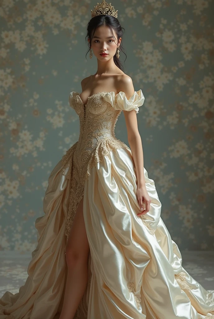 ((reality lighting, best quality, 8K, master piece:1.3)), sharp focus:1.2, 1 girl, beautiful woman with perfect figure:1.4, huge cleavage，slim abdomen:1.1, ((Micro curl high ponytail))，luxury hotel，happy laughter，（sexy pose），Very huge breasts，（huge cleavage），sexy pose，Extra-fine face，Fine eye oval short skirt，double eyelid，layered hair，sexy pose，coquettish，sexy cleavage，ruffle your hair，There&#39;s light in my eyes，
Off-white formal blouse with plenty of frills，　The collar is decorated with a gigantic ribbon tie, and the knot is a gigantic rose corsage with gorgeous jewels.，　wear a vest under a jacket，　The three-piece suit jacket is tailored with a single button and has a sword collar.，Decorate a corsage with a huge ribbon on both sides of the collar.　gold thread piping，　What to wear with a self-fabric long circular skirt１０I also wear one、It&#39;s like a wedding dress，　５０A huge long circular cloak made of the same fabric that is worn over the shoulders spreads out in a circle across the floor, creating a curtain-like drape.，　hat with flowers，　The jacket is tailored with a sword collar and a single button.　Epaulettes and solid thick shoulder pads，　A large amount of gold tassels covering the shoulders, a large amount of gold decorative cords, and military-style gold thread embroidery are applied.，　big gold buttons，　belt with golden buckle，　white handbag，　Holding both hems of the cloak and cape, straighten your arms and spread them horizontally.，(((The skirt, made from layers of chiffon fabric, stretches out from the waist to the floor and fills the room.))),(((Please take a full body photo from head to toe)))