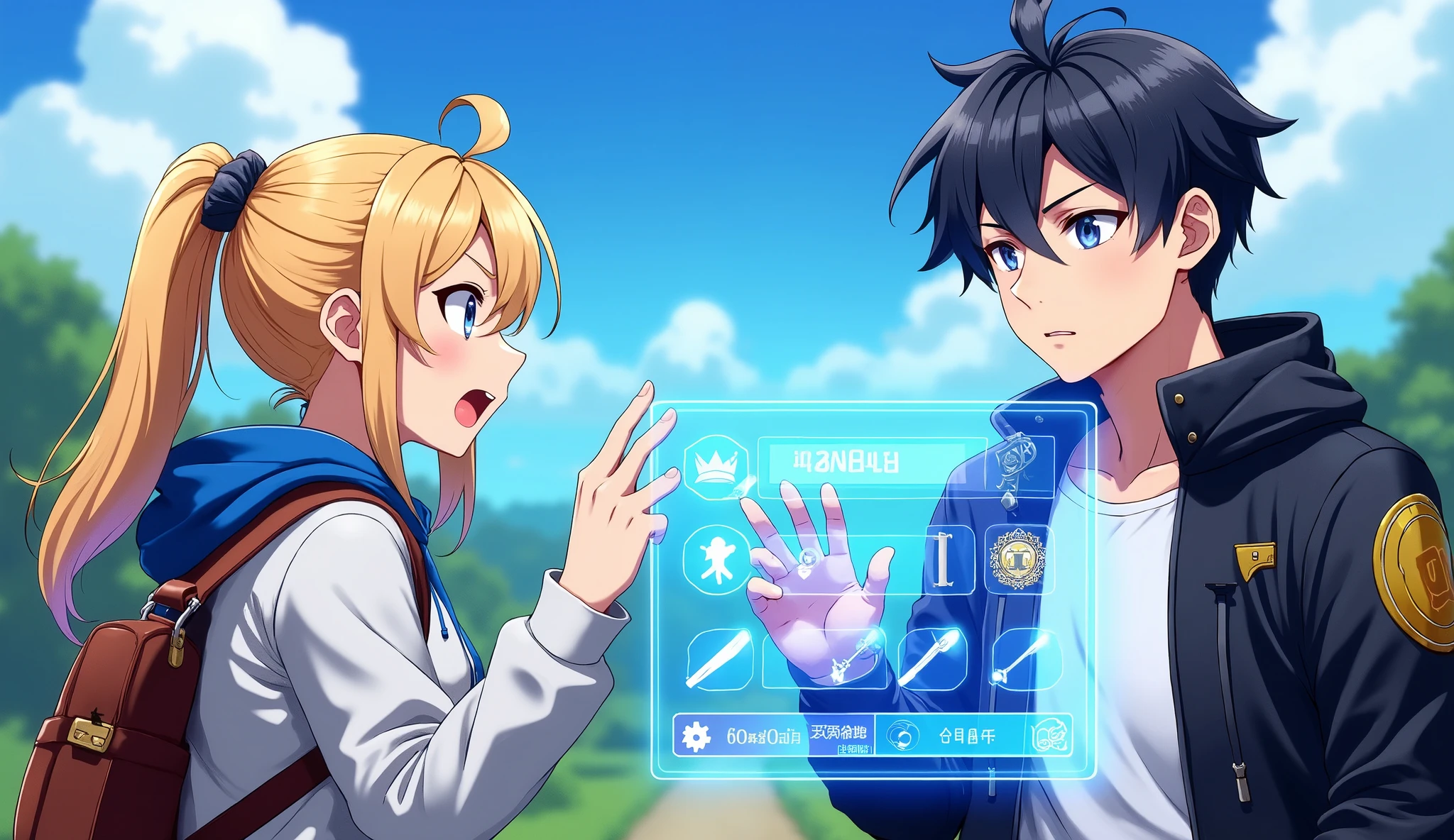 Anime-style illustration with vibrant colors and a dynamic game atmosphere. In the foreground, they depict two characters:
Left — a 25-year-old young woman with long blonde hair tied in a low ponytail, dressed in a light sweatshirt with a blue hood and a brown shoulder bag. She has a shocked expression with her eyes wide open and her mouth slightly open in disbelief. Next to her is a glowing blue rectangular interface with the image of one sword.
Right — a 25-year-old young man with dark hair in a black jacket with gold elements, dressed over a white shirt. He looks confident and holds a huge glowing holographic inventory in his hand, full of various game items: swords, shields, artifacts, and magic symbols.
The background is a green landscape with blurred trees and a blue sky, contrasting with the brightness of the interfaces. Use clear contrasting shadows, bright lighting, and glowing effects around holographic elements to create a sense of dynamics and gameplay.