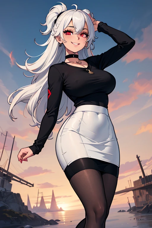 female, white long hair, red eyes, (((1girl))), (((black blouse))), (black choker), (white denim pants), (black belt), (black flats), huge breasts, huge butt, toned legs, gentle smile, full body, cleavage
