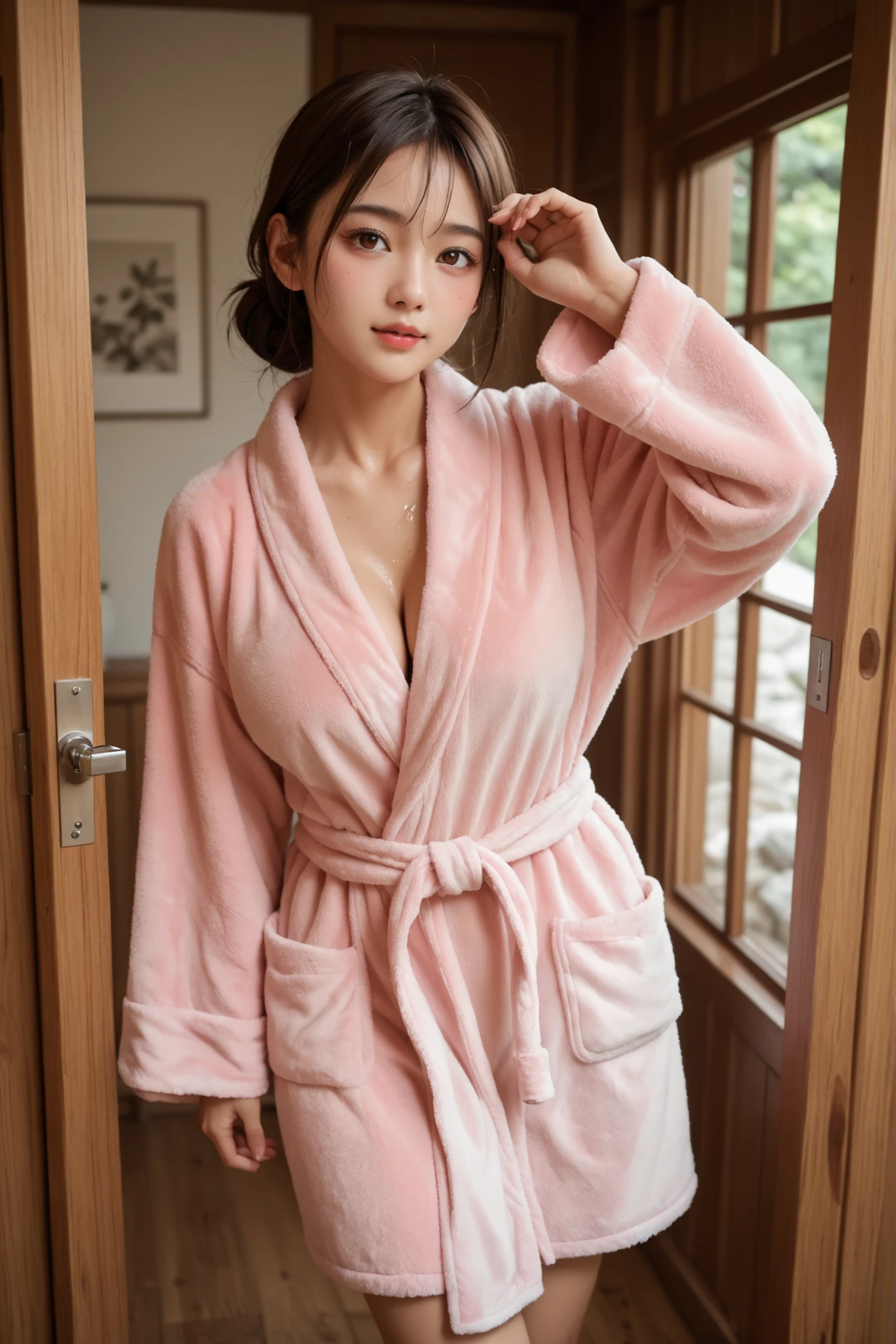 (Woman wearing bathrobe、Soft fabric bathrobe)、20 year old Japanese woman、Cute woman、(Highest quality、high resolution、High resolution、masterpiece:1.3)、nice smile、Gaze Here、Perfect proportions