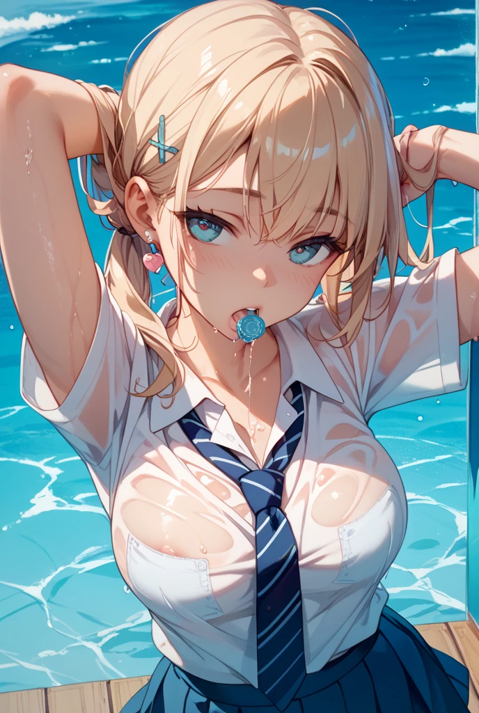 nsfw:1.6, Top quality, masterpiece, ultra high resolution, , (top quality, high resolution, 4K, detailed lighting, shaders, perfect anatomy, perfect proportions), eye of the beholder, (masterpiece, top quality) (top quality, 4K, 8K, high resolution, masterpiece: 1.2), highly detailed, (masterpiece: 1.3, top quality, ultra high resolution, ultra detailed), (top quality: 1.2), perfect eyes, perfect face, perfect lighting, (top quality, 4K, 8K, high resolution, masterpiece: 1.2), highly detailed, (top quality, 4K, 8K, high resolution, masterpiece: 1.5), highly detailed, masterpiece, top quality, ultra detailed, top quality, high resolution, 32K CG, very delicate and beautiful, illustration, high resolution, sharp focus, front lighting, glow, girl 1 person, solo, smiling, very beautiful and detailed anime face, very detailed eyes, ((masterpiece)), ((best quality)), (super detailed), ((cute)), cute, ((very detailed)), 4K, (8K), best quality, (best quality, 8K, 32k, masterpiece, super high resolution, very detailed, impressionistic:1.2), blurred background, (((two arms))) , (((two foot))), (((four fingers and 1 thumb))), Best quality , ((only one naval)),
(((Beautiful high school girl))). (White blonde hair). (((Sailor uniform))). ((((Shirt rolled up to expose breasts)))). (((Pleated skirt))). (Brown skin: 1.3). ((Neatly trimmed blonde pubic hair)). ((Ponytail)). ((Hair neatly tied up on top of head)). ((Bangs swept to the side to show forehead)). Beautiful blue-green eyes. ((Realistic pupils)). (Plump lips with rouge). ((Big breasts)). (Full breasts). (Well-shaped breasts). (Small pink nipples). (Narrow waist). Great proportions. (((Slender body)))). ((Well-proportioned body)). ((Sexually alluring)). Smiling. (((White choker))). Earrings. Necklace. Bracelet. Anklet. (((Swimming)). ((Bust up)). ((Private high school swimming pool))). Relaxing. ((Beautiful and realistic background)). ((Evening)).