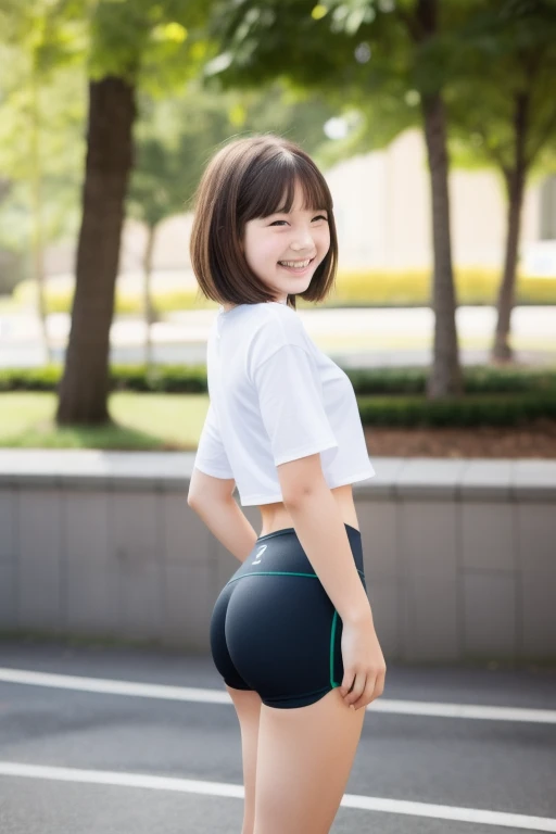 (Two s、smile)、Short Hair、Very small ass:1.4、Very thin thighs、Rear view、School Swimsuit、T-shirt、In the schoolyard、summer
