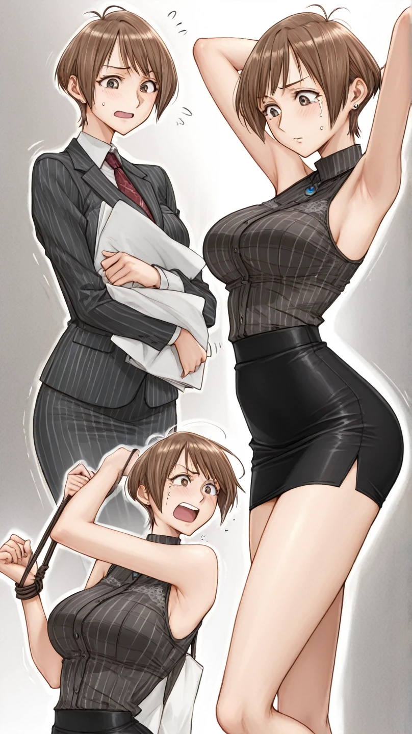 1girl, 1boy, brown hair, grey eyes, short hair, breasts, (elf:0.91), green dress, indoors, <lora:DoggystyleArmGrab:1> arm grab, sex from behind, standing sex, arm held back, bent over, cum, (masterpiece, best quality:1.21)