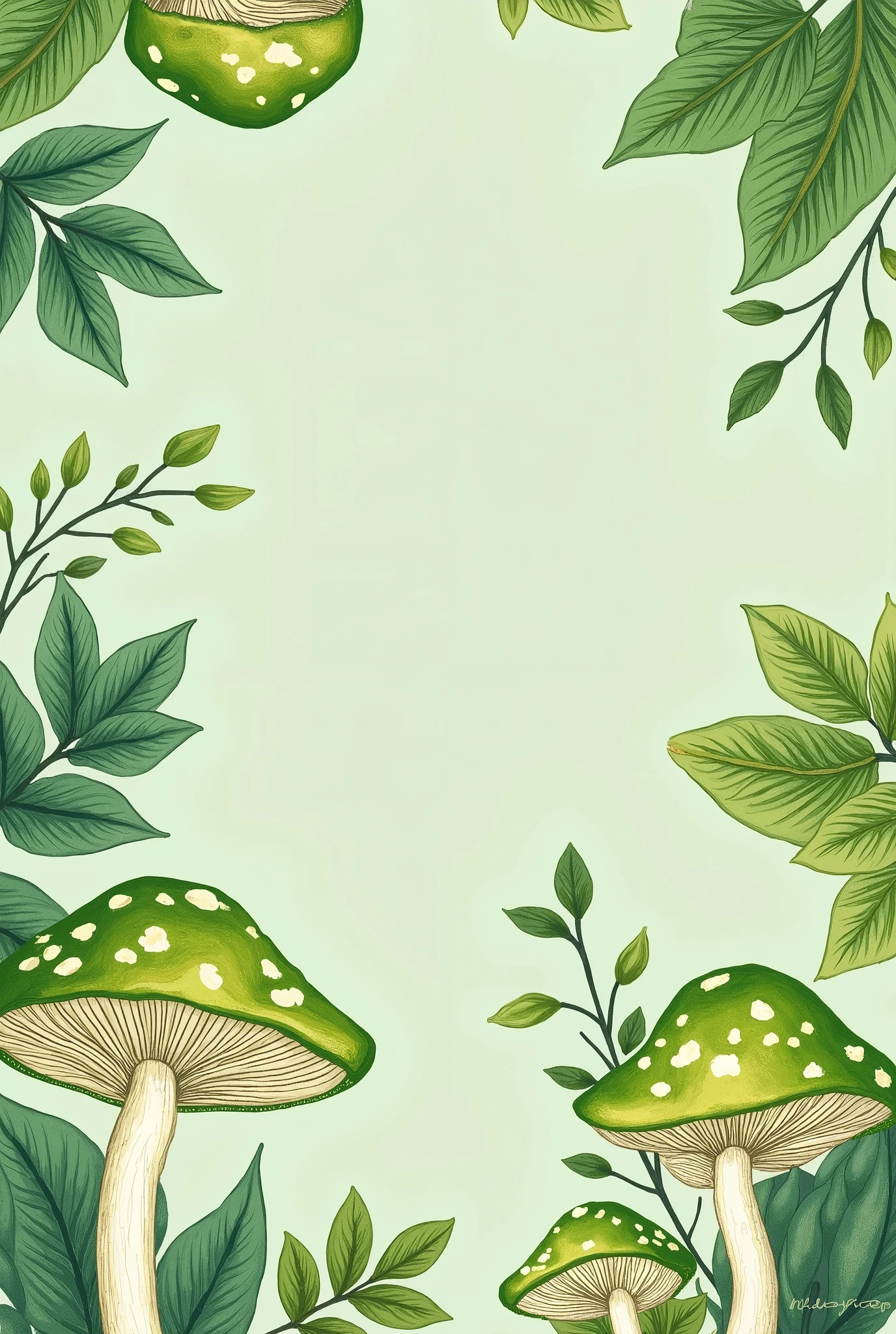 White wallpaper, with green mushroom pattern, simmetrycal, entire pic with green mushrooms and leaves