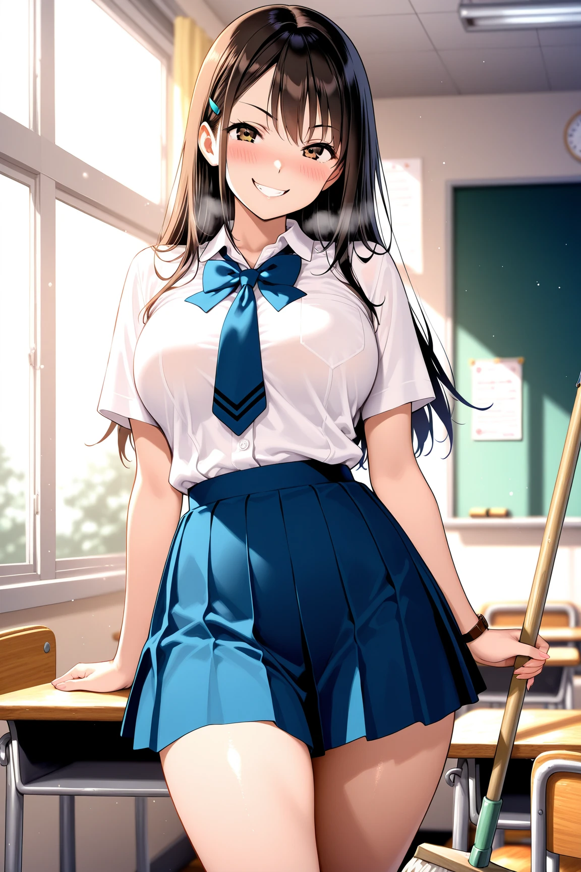 masterpiece、highest quality、1 girl、high school girl、18-year-old、Perfect Face、Shiny skin、Random Uniform、(Random Hairstyles)、Big eyes、tall)、Beautiful Hair、Beautiful Eyes、Perfect proportions、Beautiful thighs、Beautiful legs、Beautiful fingers、((High-quality fabric、brown knit vest、Short sleeve white collar shirt、Navy Pleated Skirt、A bow tie))、After school in the classroom、(smile)、(((((Skirt Lift、White panties are visible)))))