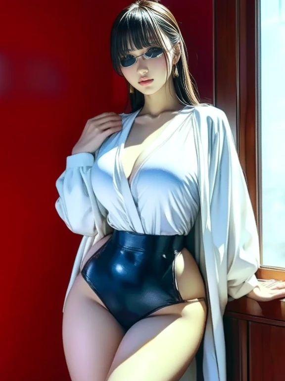 Front view、28 years old,1 Japanese female,　((reclining))(spread legs)(((Wearing glasses)))((Wearing a white string bikini))((Her breasts are spilling out of her swimsuit))((Accentuated crotch))((Focus on fit around the crotch))(Big Breasts)(Large Breasts),(Beautiful breasts)(Moderately voluptuous body)(Black pixie cut hair),(Best image quality, (8K), Ultra-realistic, 最high quality, high quality, High resolution, high qualityの質感, Attention to detail, Beautiful details, Fine details, Extremely detailed CG, Detailed Texture, Realistic facial expressions, masterpiece,(Wearing glasses:1.1)　((Sit on the floor with legs apart))　(((Accentuates curves from chest to waist)))(((Photograph the whole body)))
