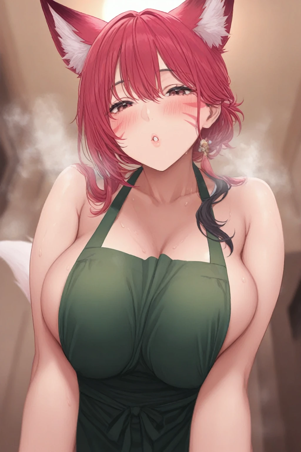 (High resolution,realist:1.2),beautiful,beautiful mother , in a kitchen, mother in green dress, mother with apron, mother in red and sexy underwear, opens her shirt to show her bra, sad look with tears, short hair, Red hair.