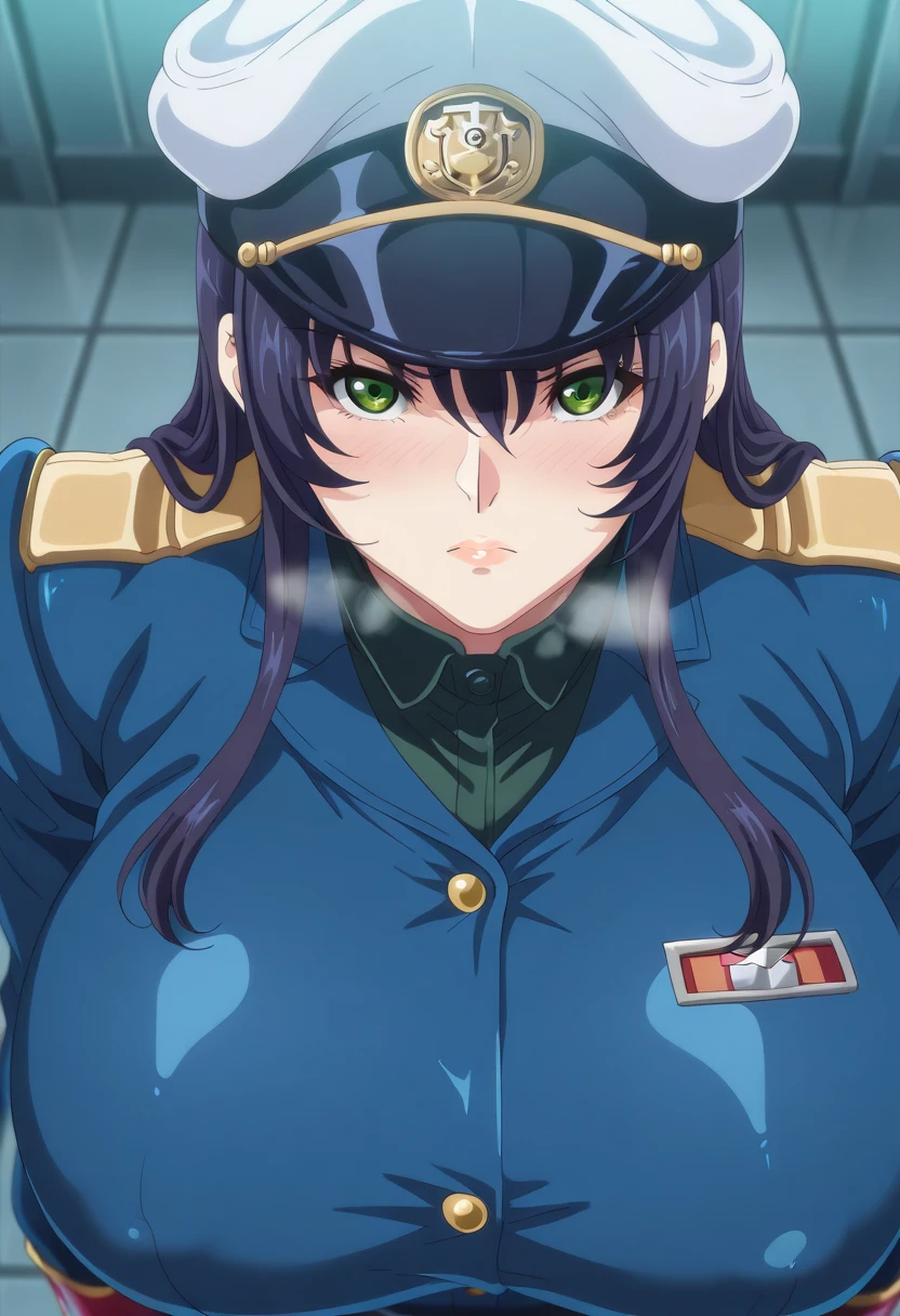 ((masterpiece,Highest quality,Ultra high definition,High resolution,8K,Ultra high definitionCG))Browsing Caution,Clear margins,A very beautiful adult woman in her 20s,1 person,Attractive figure,Very ample large breasts,(A drawing from the waist up),((Sunburned skin)),(Blue Hair),Thin eyebrows,She pinned her hair behind one ear.,shoulder-length hair,Center-parted bangs, cute eyes,A slightly shy face,(Pilot Suit),Open your mouth wide and cum,Black-rimmed round glasses,