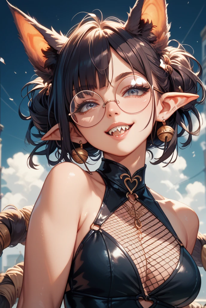 ((best quality)), ((masterpiece)), (detailed), perfect face, ((green skin)), pointy ears, tiny breasts, wearing black rimmed glasses, short dark hair, wearing tiny lace black bra and short black skirt and black pantyhose and back pumps, visible midriff, (night outside), very drunk, singing karaoke, having a great time, singing loudly, dynamic pose, colorful lighting, cinematic still, eyes closed, having fun, happy, bralette bra,