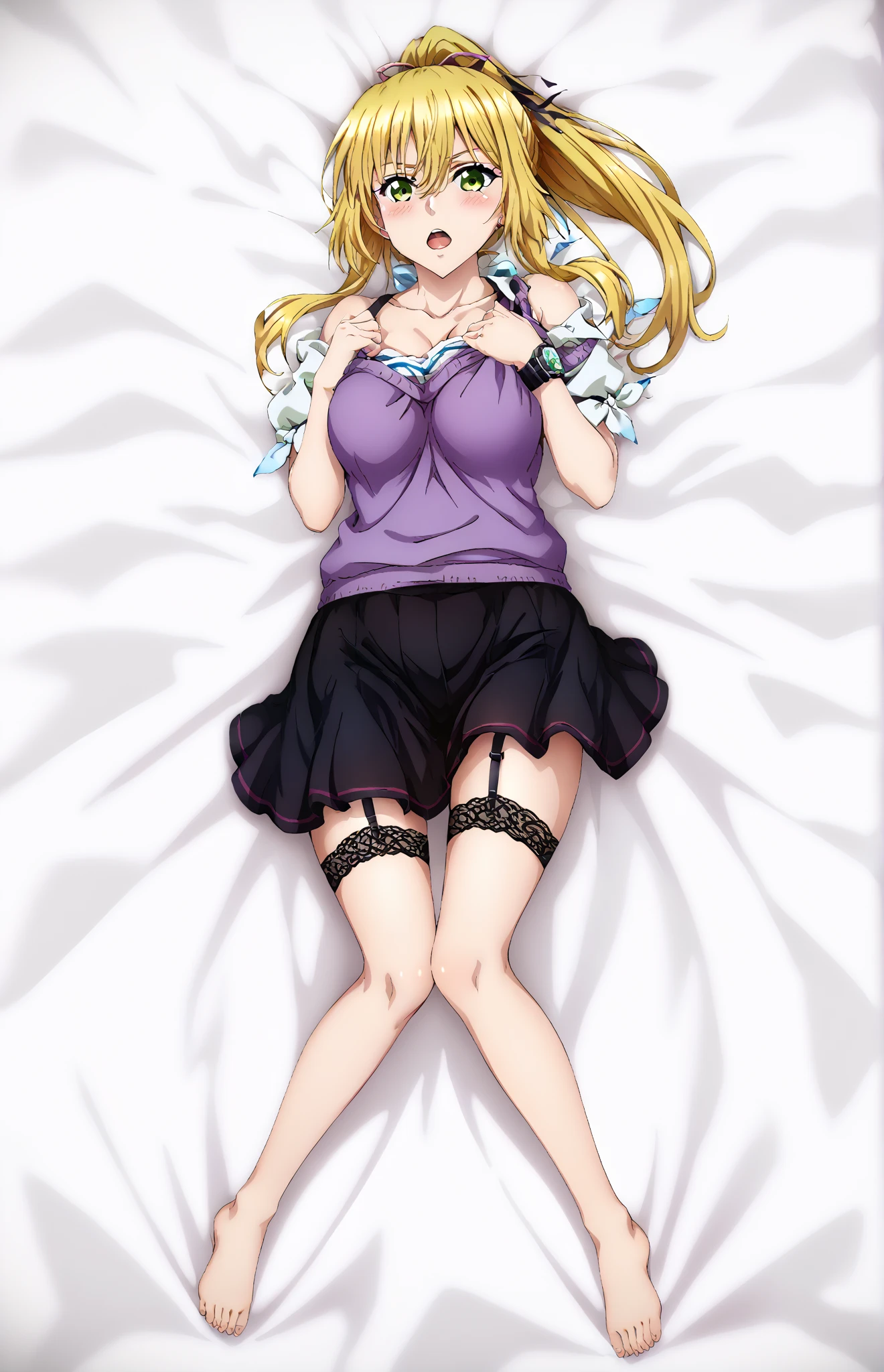 Anime girl lying on the bed in underwear., seductive anime girl, Best Anime Girl, high school, beautiful and seductive anime woman, beautiful seductive anime teen, oppai, anime hi-fructose, attractive anime girl, anime girl named lucy, female anime character, anime girls, sankaku complex anime image, (anime girl) Yamada mocking smile_yellow, 1chica , by rubio, alone, wide, hair ornament, , smile, bow, red eyes my dress darling anime, beautiful seductress anime anime