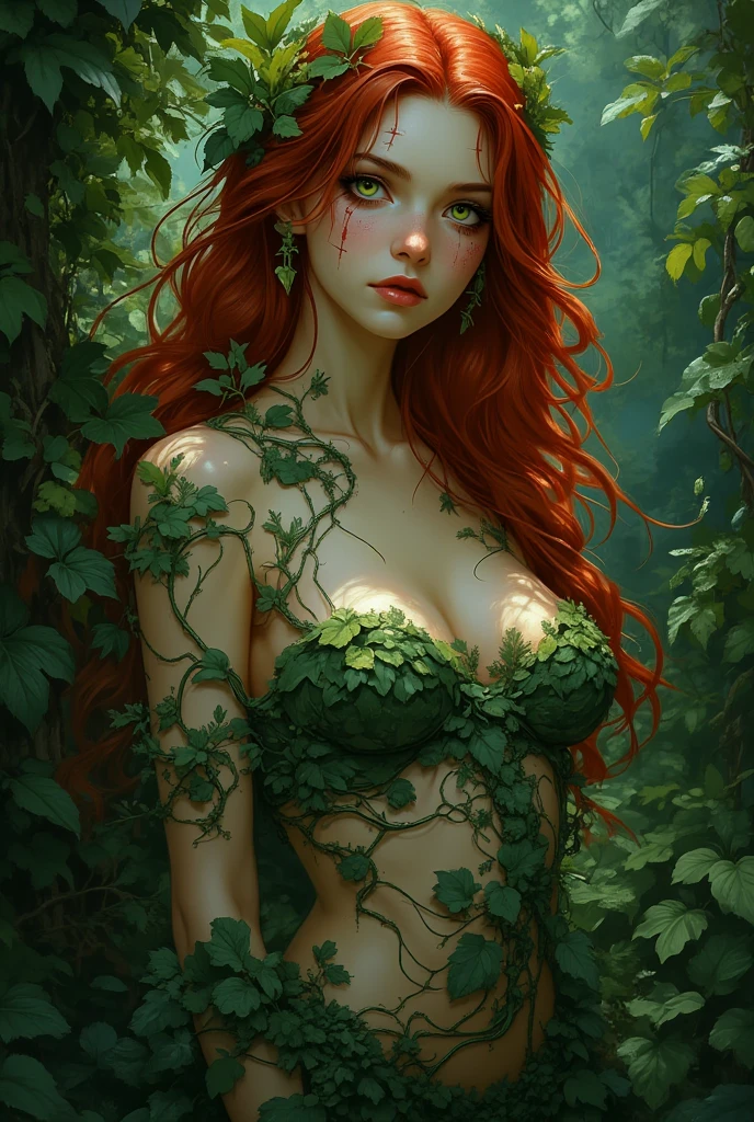 A beautiful young woman (Taylor Swift age 25) with long, flowing red hair, wearing a revealing green evening dress, stands in a lush, verdant greenhouse. Vines and tendrils of exotic plants wrap around her body, as if the flora is alive and acting in concert with her seductive movements. Her emerald eyes gleam with a predatory gaze, fixated on a lovely female companion who is ensnared by the woman's allure and several snaking vines which are in the process of laying her down and stripping her. The scene is bathed in a warm, golden light, creating a sensual, almost dreamlike atmosphere. aesthetic, photorealistic, 8k, masterpiece, ultra-detailed, vivid colors, natural lighting, romantic, alluring, sensual, seductive, beautiful woman, long red hair, green evening dress, exotic plants, greenhouse, vine tendrils, emerald eyes, female companion, warm lighting