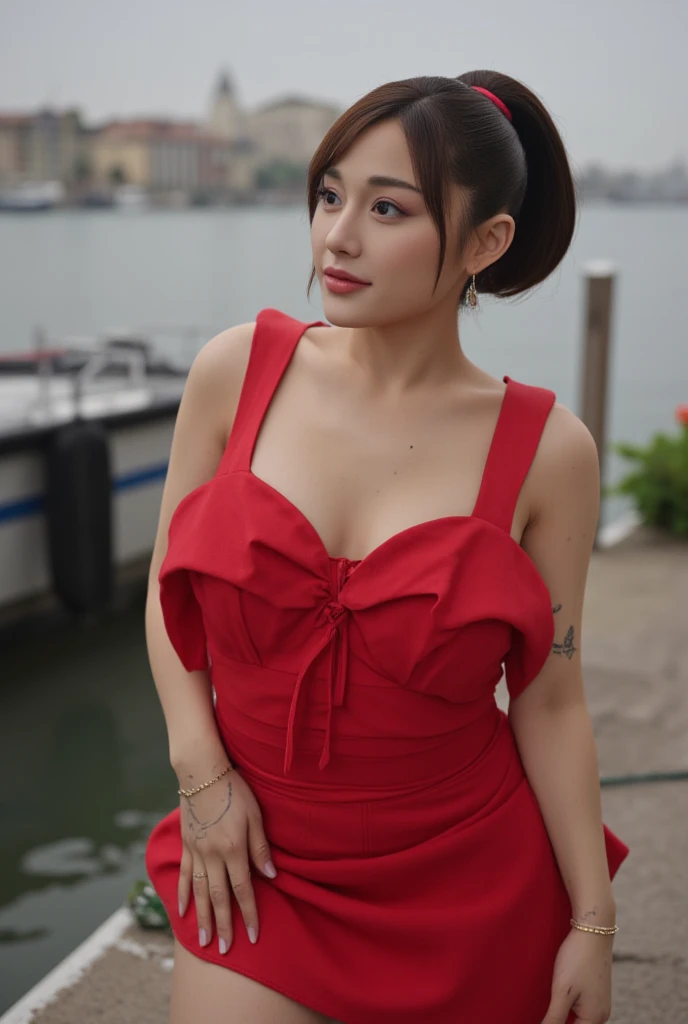 Araffe dress,Red dressRed wearing a short dress (white),White flowersCrocodile nearbya mountain of water near the Crocodiles nearby.light green, shining flowers,Red skywearing a suit (white), lipstick (pink) Escasamente vestido.Smooth sky model Hermosa figuracuerpo voluptuoso curvy hermosas sonrisa seductora Retrato Gabriella Lin Rojo Orange dress Red
