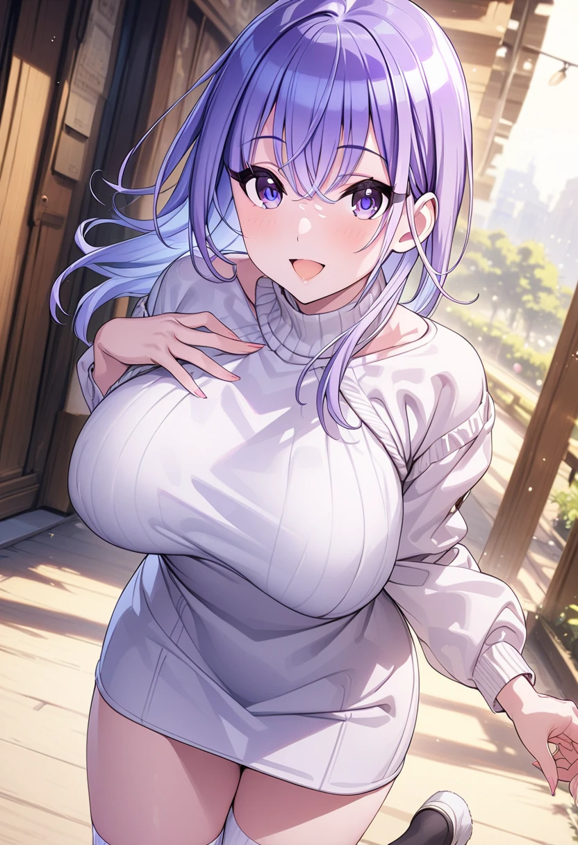 high quality, high resolution,(((nsfw))),(((one women))),(((cute face,blue eyes))),((purple hair)),(((crossed bangs))),(((french braid))),(((large breasts:1.5))),((sweaty skin)),(((bare breasts))),(((wine red knit dress))),
BREAK,(embarrassed,blush:1.3),(steam:0.8),(wet:0.8),(sweat:0.8),(trembling:1.3),(parted lips:1.3),(harf open eyes:1.4),(feeling weak:1.5)
BREAK,(((outdoor))),(((night))),
BREAK,(((model posing))),(((standing))),((spread legs)),(((arms behind head))),
BREAK,(((Angle from below))),(((focus on pussy)))