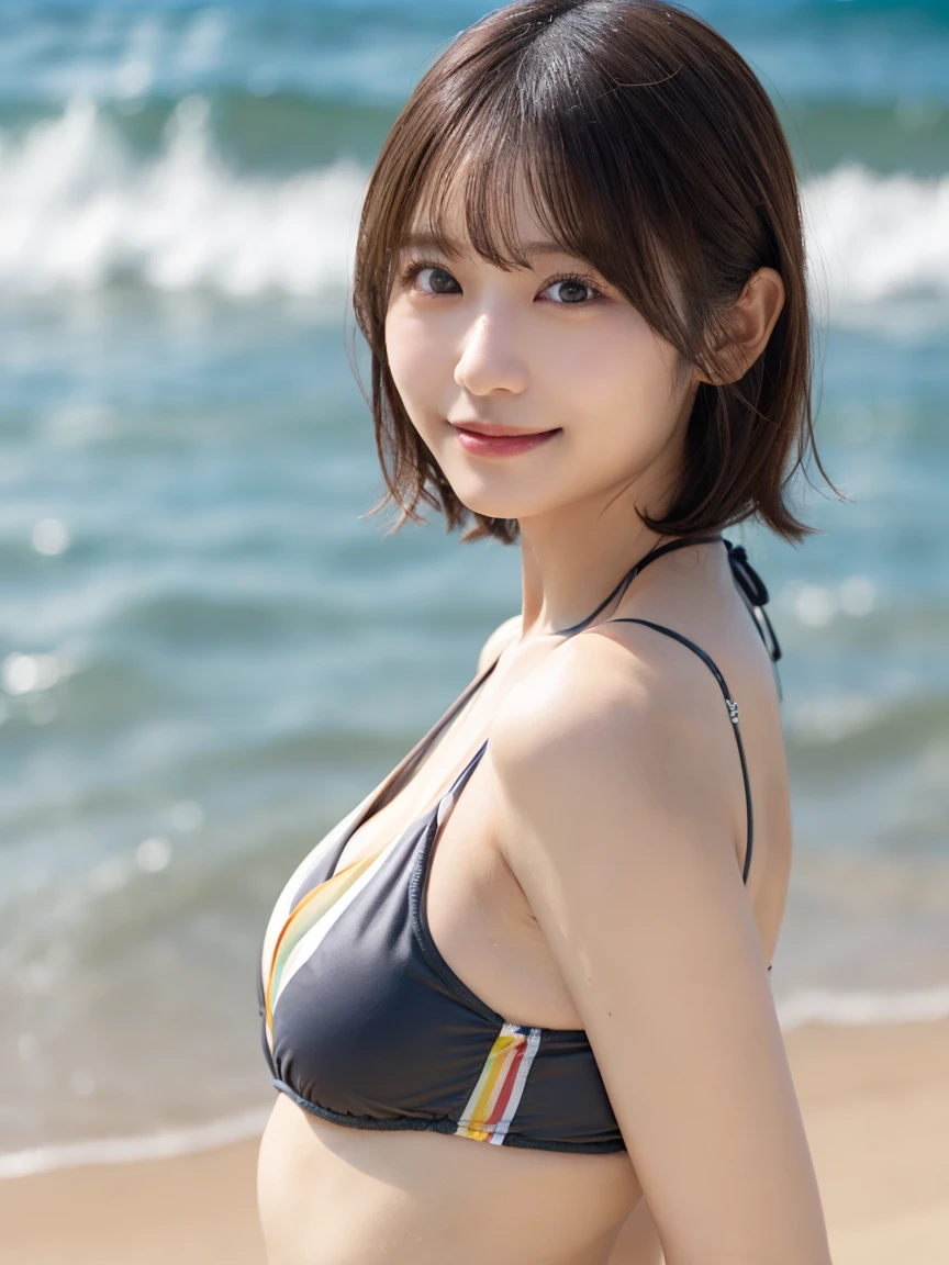 beach, sunset, soft lighting, closeup portrait photo of a cute idol in a swimsuit, playful pose, smiling, vibrant colors, photorealistic, high detail