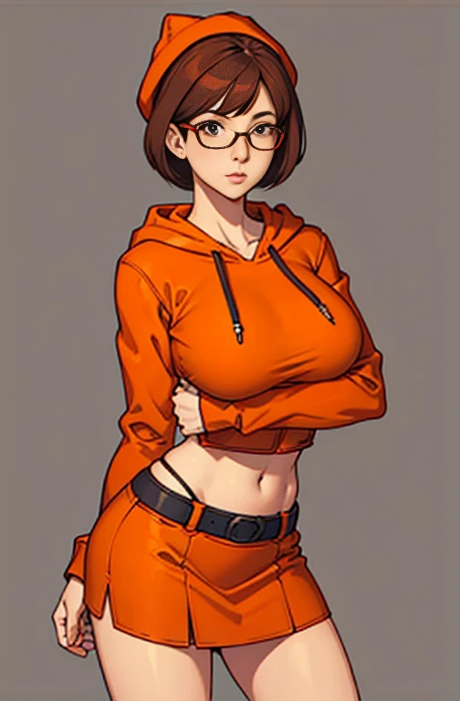 create a digital painting, 4k, best quality,SexyToon, cartoon girl in glasses and red skirt, velma, Gordon Freeman as woman, nerdy appearance, asuka suit under clothes!, anya from spy x family, full body portrait of a short!, anime style character, character is in her natural pose, female protagonist :8, in 80s anime art style, leeloo outfit