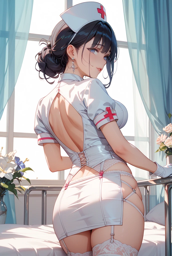 Woman 30 years (Peta Jensen pov), short red hair, nurse nurse, tight white clothing, unbuttoned blouse, no buttons, no bra, no bra, beautiful huge breasts, wet and soft, turned back to the window, face looking up, staring, seen from above, look from above, arms and hands resting on the leg, close-up, penetrating and sensual look, fiery and lustful wanting more, hips slightly wide, big ass showing, no panties, very short dress leaving her ass exposed, out