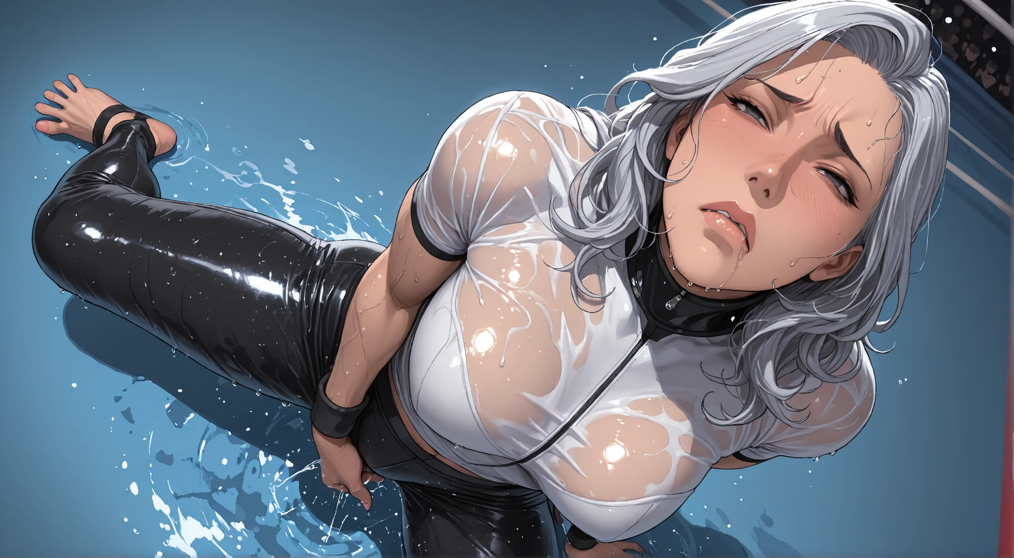 ((((hetero)))),(((boxing ring))),((((1girl and 1shota boy)))),(1girl),large breasts,half updo,long hair,big hair,white hair,white eyes,(curvy),shiny skin,ahegao,(((wearing zentai))), (vaginal,sex,missionary,face to face),((((on back)))),(from side), intercourse with a shota boy,(((cum on body))),((excessive cum)),cum in pussy,((cum on clothes)),cum on head,facial bukkake,cum on breast, cum on feet,fucked silly,trembling,((((1shota boy,petite)))),penis,dark-skinned shota boy,interracial,Boxing Gloves,(height difference),(((masterpiece))),(((best quality))),((ultra-detailed)),(illustration),((an extremely delicate and beautiful)),(detailed background),