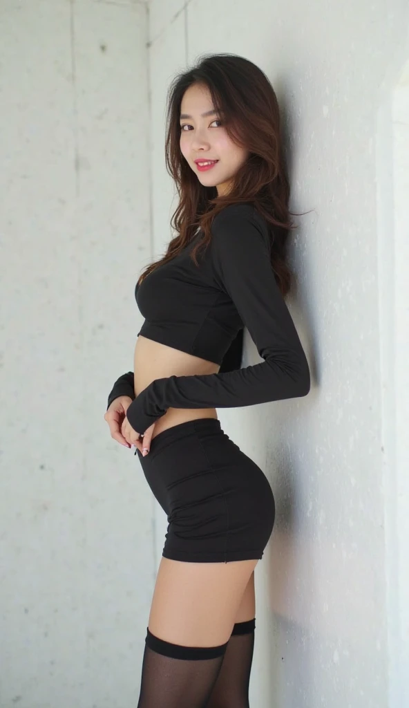 ((best quality)), ((masterpiece)), (realistic), (detailed), russian woman in a black top and jeans leaning on a wall, sultry body with sexy belly, gorgeous young woman, perfect body, beautiful south woman, wearing a sexy cropped top, sexy body, wearing tight simple clothes, crop shirt and strong abs, brown hair and a perfect body, sexy hot body, photo of slim girl model