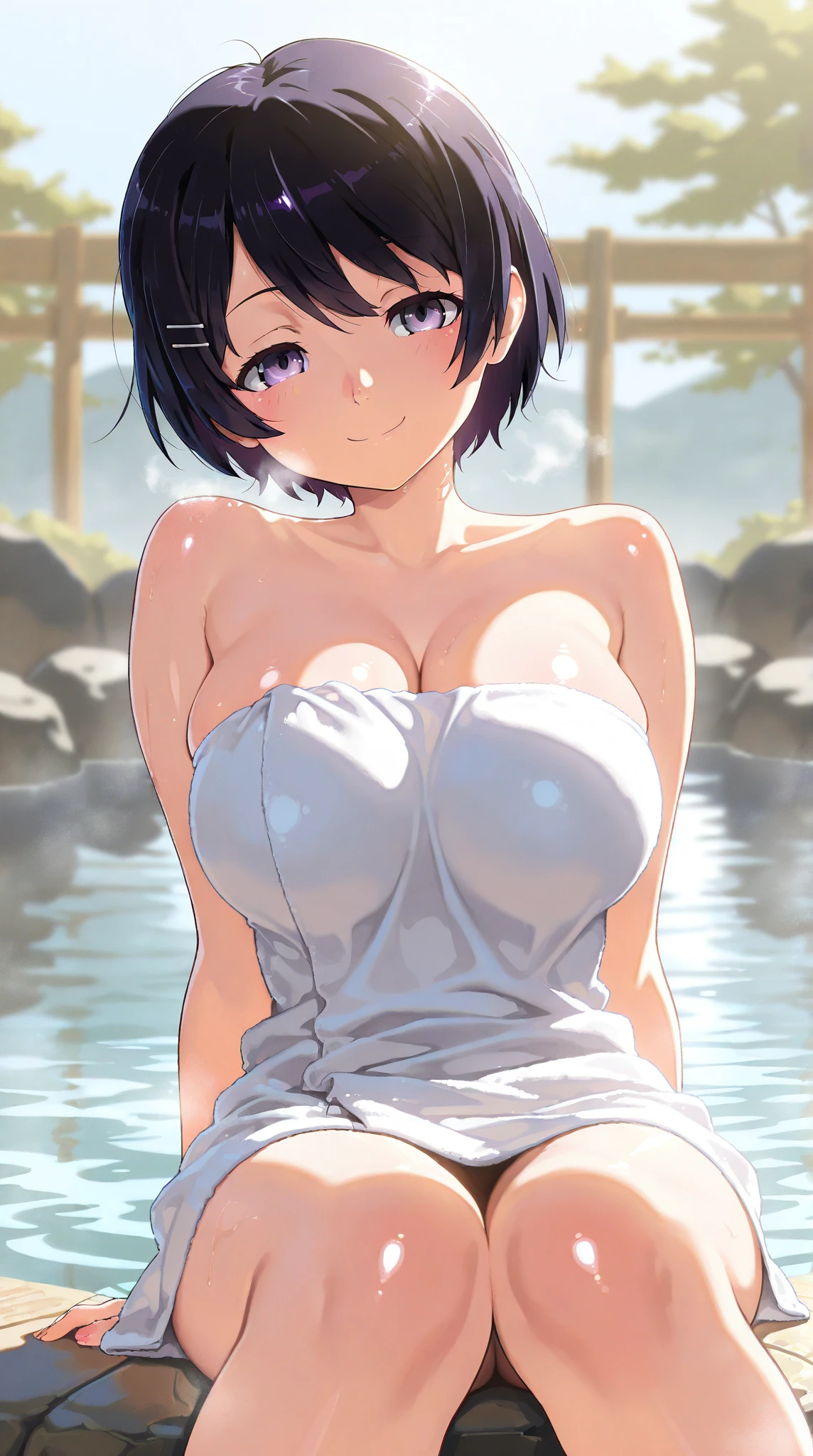 1girl, nsfw, sajouayaka, black hair, short hair, Blue eyes, large breasts, , , empty eyes , large breasts, nipple,, contemporary art museum, angular façade, sweeping curves, natural lighting, extensive galleries, frozen, wet, crying ,, , (1girl) ,solo