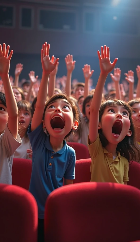 a close-up shot of children's faces, expressions of joy and astonishment, children witnessing a magician's performance, detailed facial features, realistic skin textures, vivid colors, dramatic lighting, cinematic composition, (best quality,4k,8k,highres,masterpiece:1.2),ultra-detailed,(realistic,photorealistic,photo-realistic:1.37),high quality, cinematic portrait, dynamic angles, magical realism