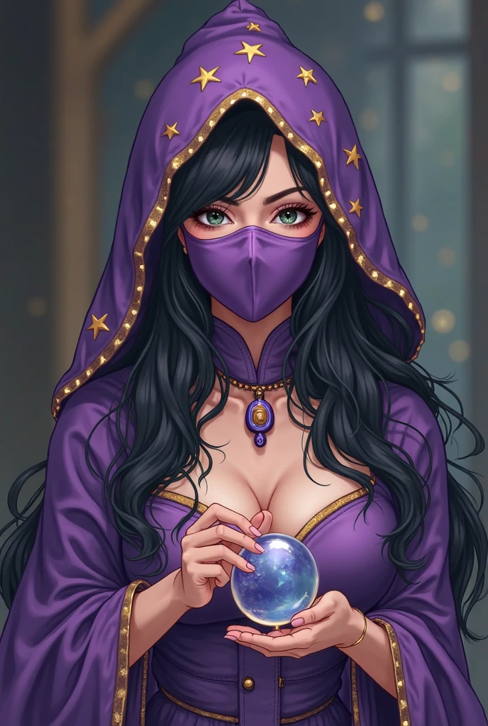 1 mature woman,(Detailed Description,Incredibly absurd,High resolution,8k wallpaper,masterpiece,Highest quality,Depth of region,Anatomically accurate depiction,A face with attention to detail, Eye for detail,Perfect body,Two lovely hands, Five perfect fingers),(Glowing Skin,Shiny skin),(Glowing Skin,Shiny skin,Oilskin),((Sexy fortune teller)),((Face Veil,Mouth veil:1)),(A thin cloth to cover the face),(Luxurious accessories,Long gloves,Sexy Costumes,See-through),eyelash,Sweat,(Glowing purple eyes,Crazy Eyes,There is cleavage in the chest,Bewitching Smile,shiny purple lips,Lips are apart,),(From above:1.1),Sitting in a chair,(He thrusts the mysteriously glowing crystal ball forward.),background：Fortune Telling House,Mysterious atmosphere