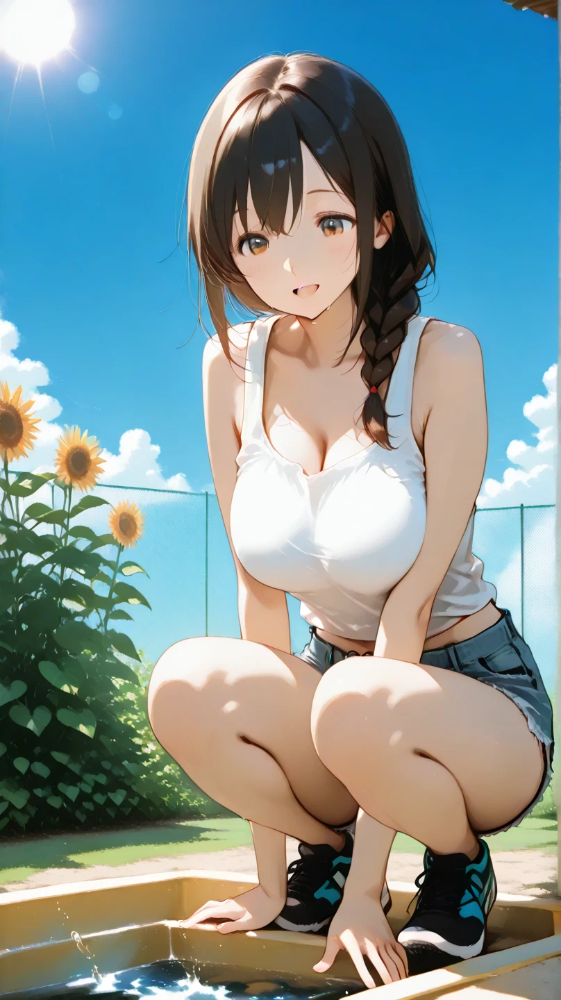 a park,(Yellow sunflower flowers on background,A red rose,Confusion of white roses:1.3),Sophisticated clothing,Classic white blouse and black skinny pants,(Floral hair ornament,Floral braided top knot,Twisted Side Part Ponytail,Floral braided headband,half up、Floral Braided Space Van,Voluminous Fishtail Braids,Twisted chignon),(Bangs are see-through bangs),(((emphasizing breasts:1.3))),(Dynamic angles),(Dynamic and sexy poses),(bending forward:1.3),(((Dignified statue))),Disturbance of clothing due to movement,breast slip,hair pin,a necklace,piercings,Beautuful Women,.Perfect face,(A cheerful smile that makes the viewer happy:1.7),(Stretch out your arms and hug:1.7),large full breasts,,Intricate details,Very delicate and beautiful hair,photographrealistic,Dreamy,realistic shadow,Solo Focus,Beautiful hands,Beautiful fingers,Detailed finger features,detailed clothes features,Detailed hair features,detailed facial features,、(Professional Lighting),(Photorealsitic:1.3),(Raw photo.),(masutepiece,top-quality,Ultra-high resolution output image,) ,(The 8k quality,),(Image Mode Ultra HD,)
