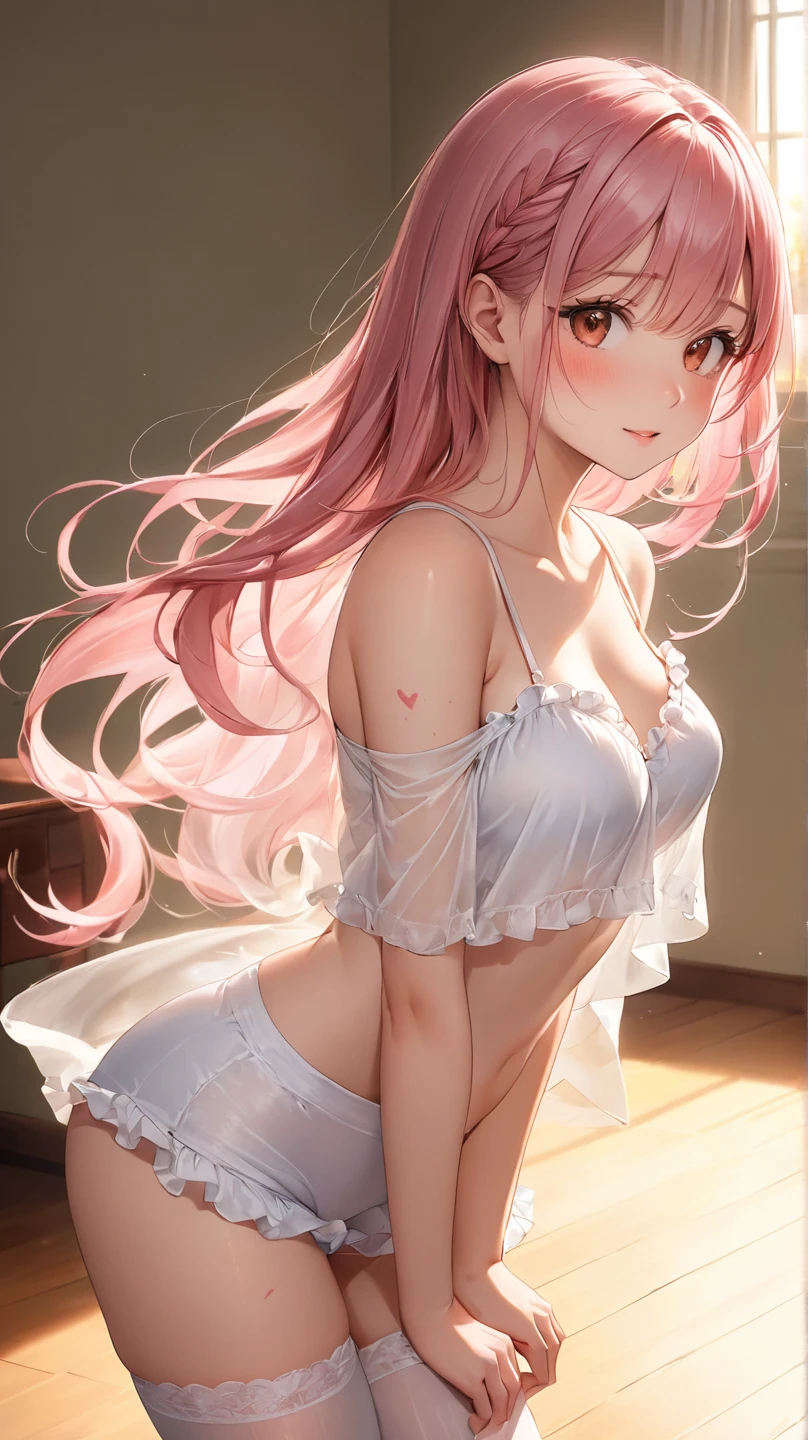 Highest quality 8K resolution,masterpiece, Exquisite detail, Realistic, Realistic, Soft tones,Color Palette, Alone, (25 year old girl:1.6),(Small eyes:1.5), (Long Hair:1.5), Shiny pink hair,Asymmetrical bangs,(No bra), (Sleeveless lift:1.6),(Simple underwear),Beautiful proportions,Open your mouth,(Shiny white skin),Very beautiful detailed eyes,blue eyes, (Mid-chest,Cleavage:1.3), necklace,Earrings,Star motif accessories,Cowboy Shot, Are standing, indoor,Detailed clothing,7 lifespan,(low length)