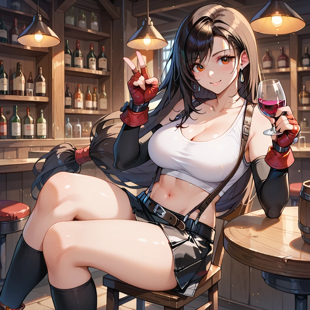 (from below:1.4),(from side:0.9), ((Face)), (Close-Up:0.4), masterpiece,"A 26-year-old girl stands at a bar counter. She is dressed in a stylish off-shoulder dress, sweater dress, off-shoulder sweater, red sweater,garter stocking, cleavage:1.1, midriff, black shorts, black thighhighs, thigh strap, pretty girl, (highly detailed beautiful face and eyes,firm breasts),real skin,((black,hair,long pony tail hair)),thin pubic hair,cute and lovely pose, detailed eyes, This masterpiece is only visually stunning but also tells,(double breasted:0.6,under bust:0.6),(with sparkling eyes and a contagious smile),open mouth. The bar is beautiful, with colorful bottles of alcohol in the background and a soft glow from neon lights. The atmosphere is relaxed, and the girl looks confident and fashionable.",full body, sexy pose,make a cocktail , in a bar counter, Looking at Viewer,