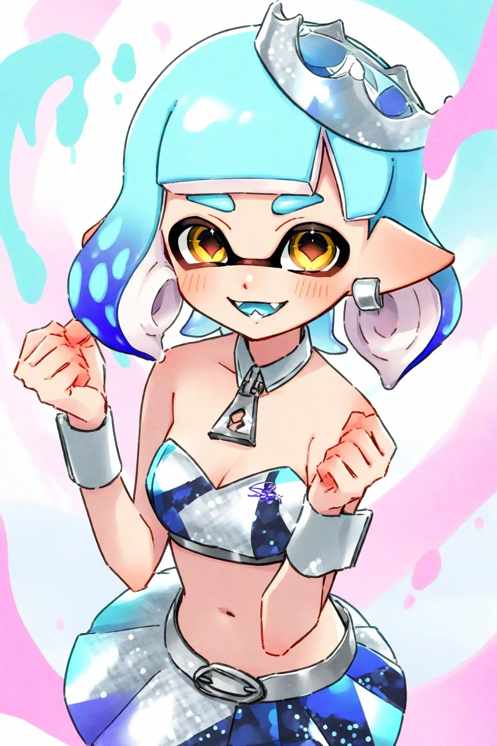 masterpiece、highest quality、High resolution、Real Anime、3D、((splatoon girl))、White metallic tentacles、Long braided tentacle hair、Lace Lingerie、She cosplayed as the sexy Elsa from Frozen、Beautiful Face、Beautiful Eyes、Golden Eyes、blush、Smile with your mouth slightly open、Attractive photos, Huge breasts、Cleavage、Light blue sexy outfit、Sexy Dress、In front of the castle、
