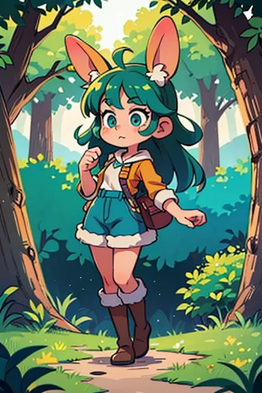 bear monster girl with brown fur and a large tan crescent moon on forehead with brown medium length hair wearing camping outfit in the woods