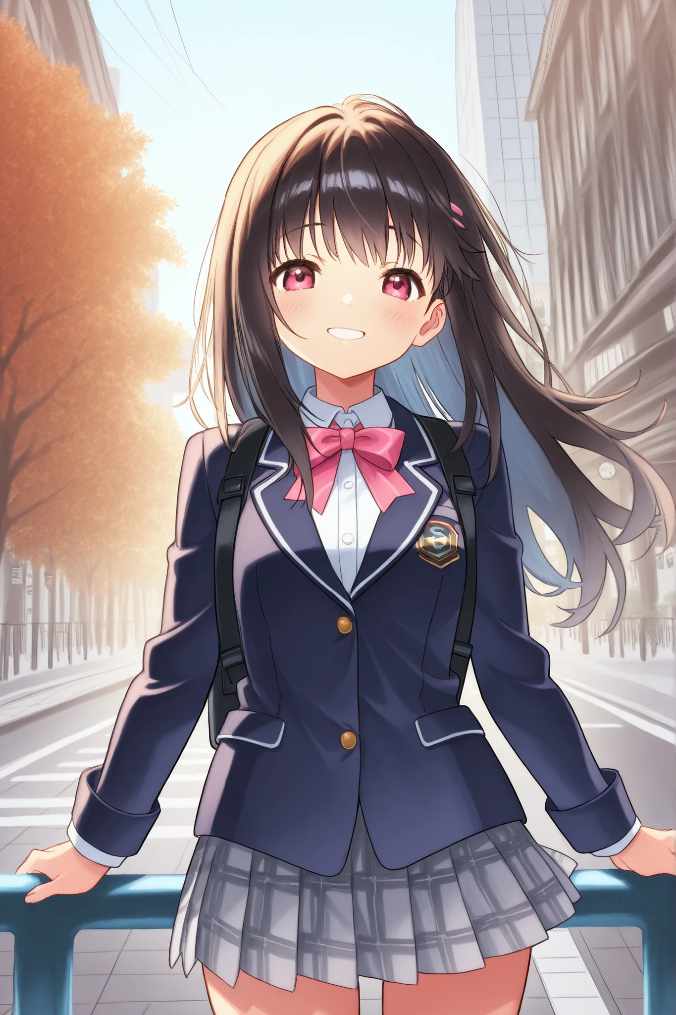 Girl、(dark haired、high school students、blazer after face) 、((cute、Smile Yan))、Shibuya Scenery、Anime Style、High Definition、High Quality、1girl