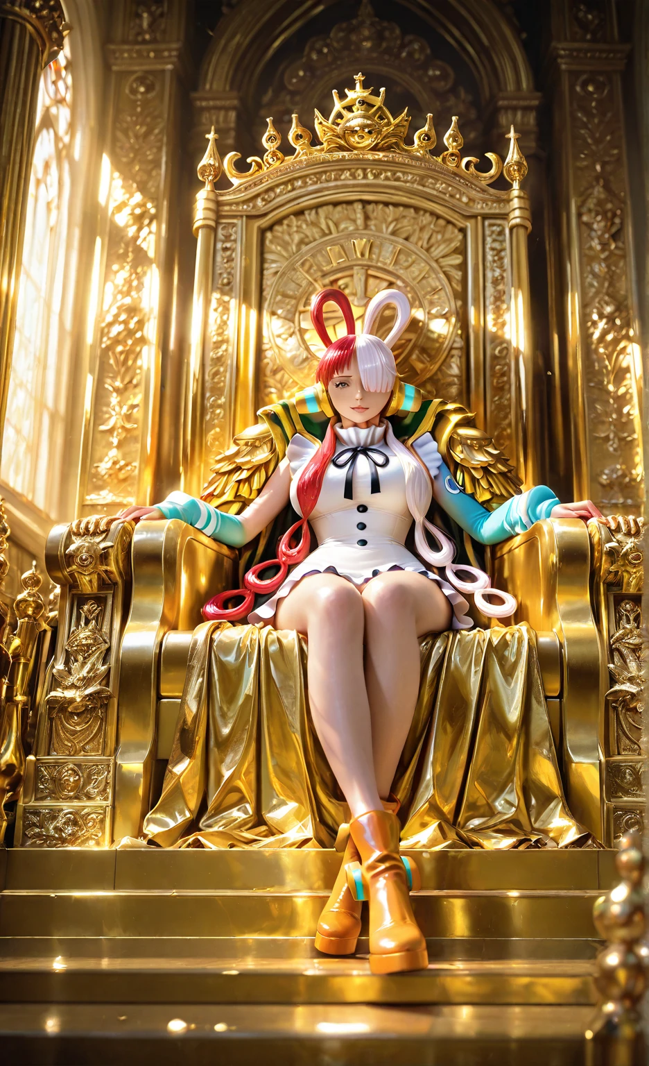 Crazy Clown Queen, sitting on a golden throne, Wear a clown hat, Clown costume, mitts, vivd colour, Laughing, Deep blonde hair, Cute breasts, Horror , did not wear panties，Wavy hair, Bun, and high heels. Blood, Circus props, spooky ambiance, haunted background. Surrealist style, Sharp contrast, ominous lighting, high-density imaging review, Ultra-high definition, Studio lighting, Like a painting, ultra-fine painted, Sharp focus, physically-based renderingt, Extreme detail description, professional (Horror )