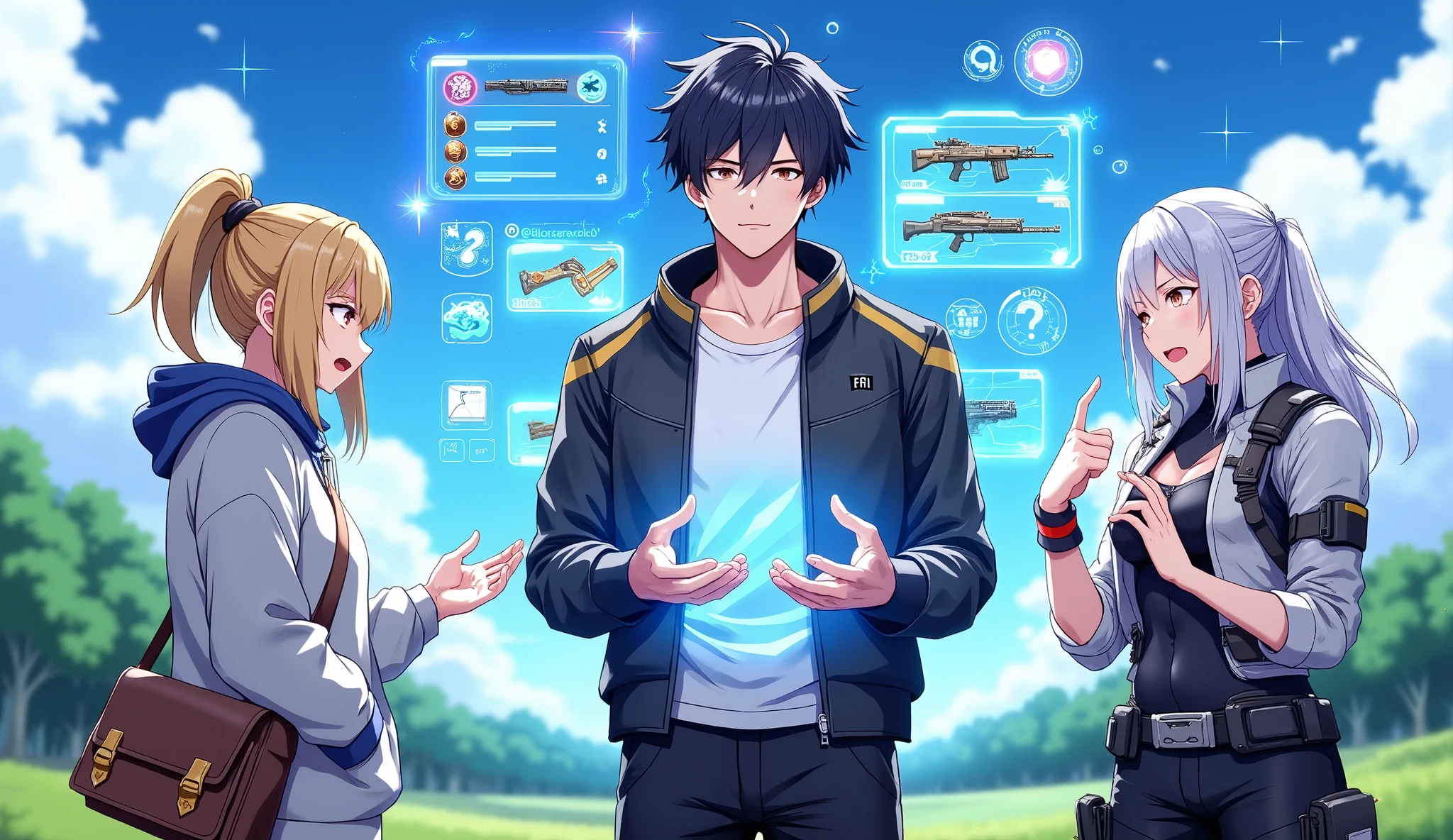 Anime-style illustration with vibrant colors and a dynamic game atmosphere. In the foreground, three characters are featured: Center — a 25-year-old young man with dark, slightly tousled hair, dressed in a black jacket with gold accents over a crisp white shirt. He stands confidently in the middle, with one hand raised as he projects a massive glowing holographic inventory screen. The inventory is filled with detailed game items: legendary swords, enchanted shields, glowing artifacts, magical scrolls, and elemental sigils. His expression is calm and composed, radiating complete control. Left (from viewer's perspective) — a 25-year-old young woman with long blonde hair tied in a side ponytail, wearing a light sweatshirt with a blue hood and a brown crossbody bag. She leans slightly forward with a shocked expression — wide eyes and parted lips — clearly taken aback by what she sees. Floating beside her is a glowing blue rectangular interface displaying a single radiant sword and a progress bar labeled “Weapon Unlocked”. Right — a 25-year-old young woman with medium-length silver hair and focused, intelligent eyes. She wears a white tactical jacket with black detailing and a utility belt carrying small scrolls and potions. Her expression is calm and calculating, as she studies a circular interface floating in front of her. The UI displays a rotating skill grid with mystical symbols and stats glowing in soft cyan and violet hues. The background is a bright, open green landscape with slightly blurred trees and a clear blue sky dotted with clouds. Glowing particles float in the air around the characters. Use strong, clear lighting, vivid color contrasts, and radiant effects around the holographic elements to create a feeling of energy, immersion, and dynamic gameplay.