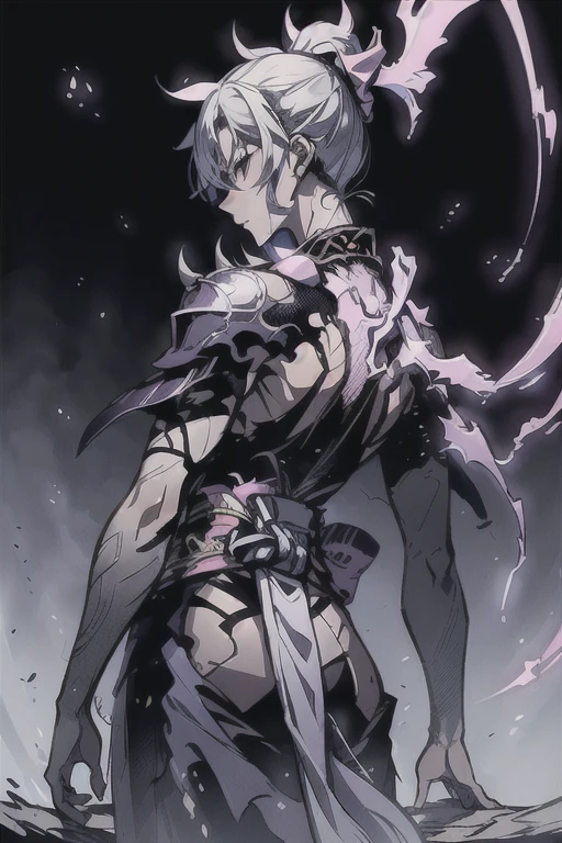 young boy, Gray tousled hair, violet eyes, cat ears, Lots of scars, Lots of lightning strikes, open torso, Body straps, Sleeveless, white kimono, Masterpiece, hiquality, high detail, HD, 4k
