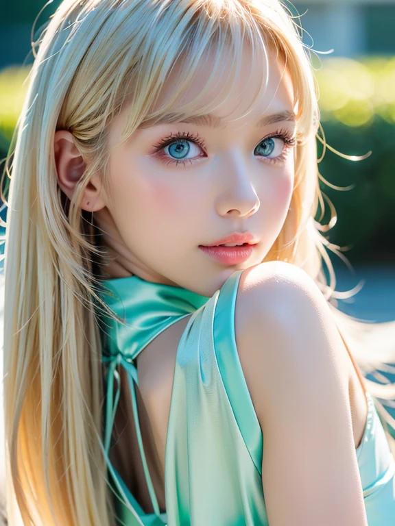  pale blonde teenage girl with bangs long silky and soft hair blue-green eyes with white crop top and green pants wearing two shiny white necklaces, taking a close-up at the amusement park 