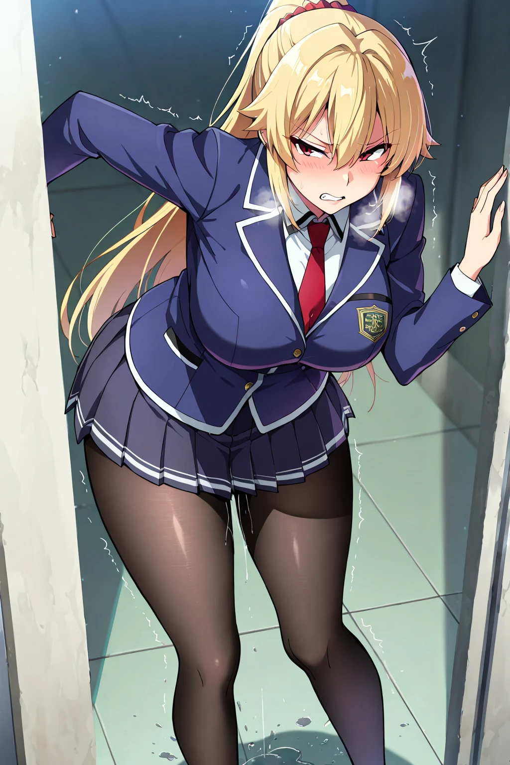 Delinquent high school girl、Blonde Long Hair、Big  and good physique、In a deserted abandoned factory、Holding a metal bat、Sharp Eyes、Grin、Wearing a white shirt and navy blue skirt with a red ribbon on her chest、Crouching figure、Lit by light from behind、Looking down、Front view